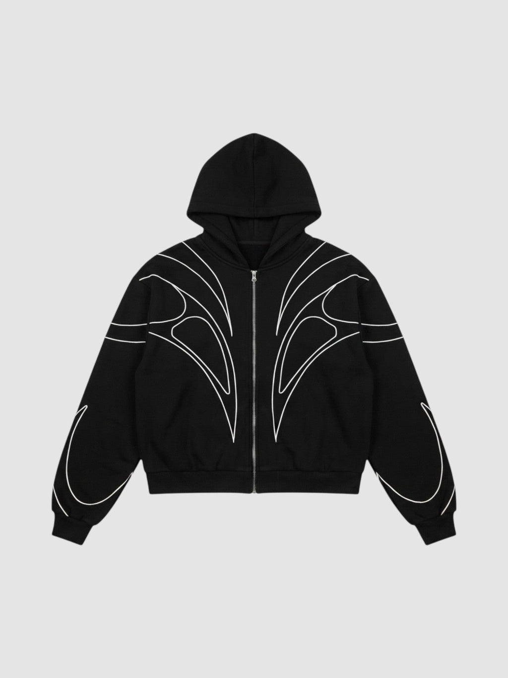 Y2K Avenue navy blue cropped zip-up hoodie with white symmetrical curved line graphics and a structured fit.
