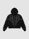 Y2K Avenue navy blue cropped zip-up hoodie with white symmetrical curved line graphics and a structured fit.