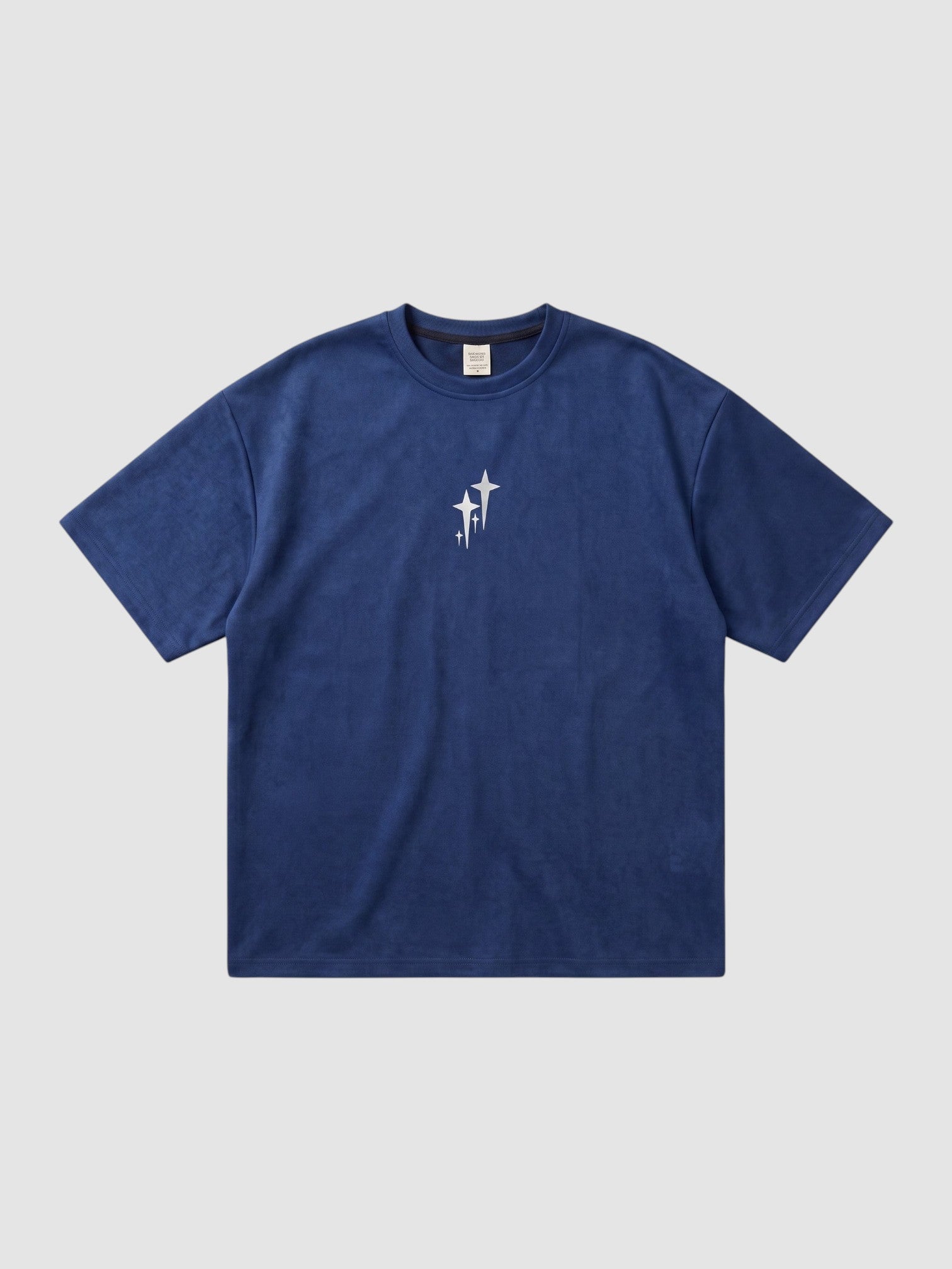 Y2K Avenue navy blue oversized t-shirt with chrome star graphic print, ribbed crew neck, and drop shoulders.