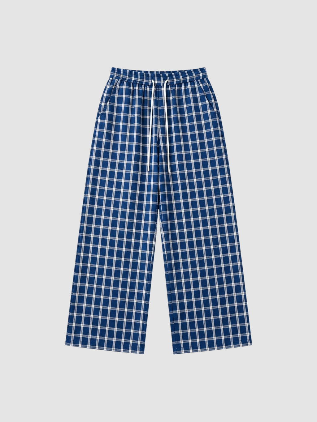 Y2K Avenue wide-leg plaid trousers in navy blue and white with an elasticated drawstring waist and side pockets.