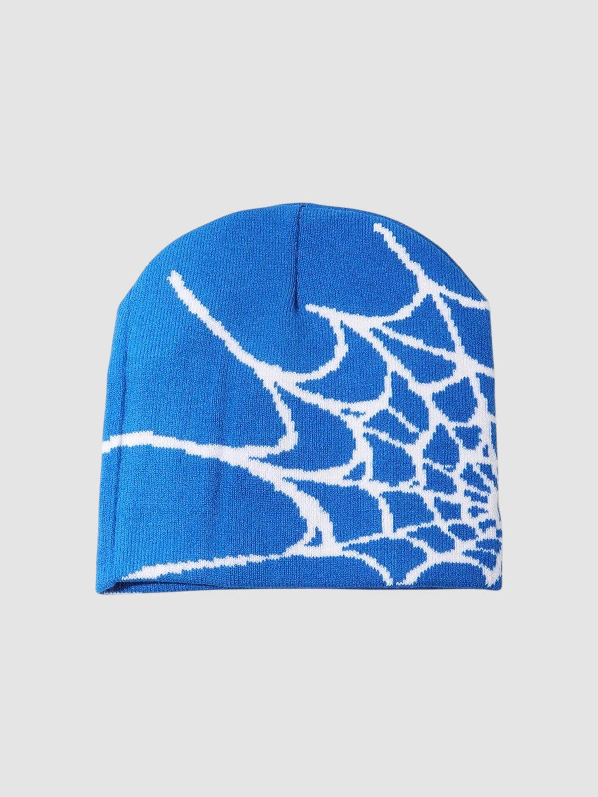 Y2K Avenue navy blue beanie with a white spider web graphic pattern in a lightweight polyester knit fabric