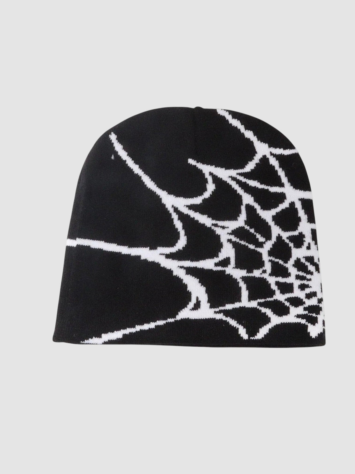 Y2K Avenue navy blue beanie with a white spider web pattern in a lightweight polyester knit