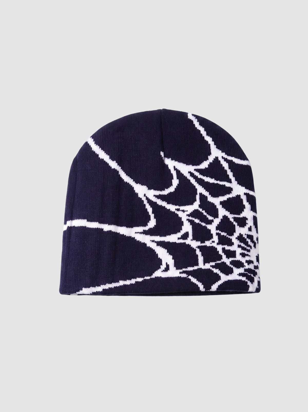 Y2K Avenue navy blue beanie with a white spider web graphic pattern in a lightweight polyester knit fabric.