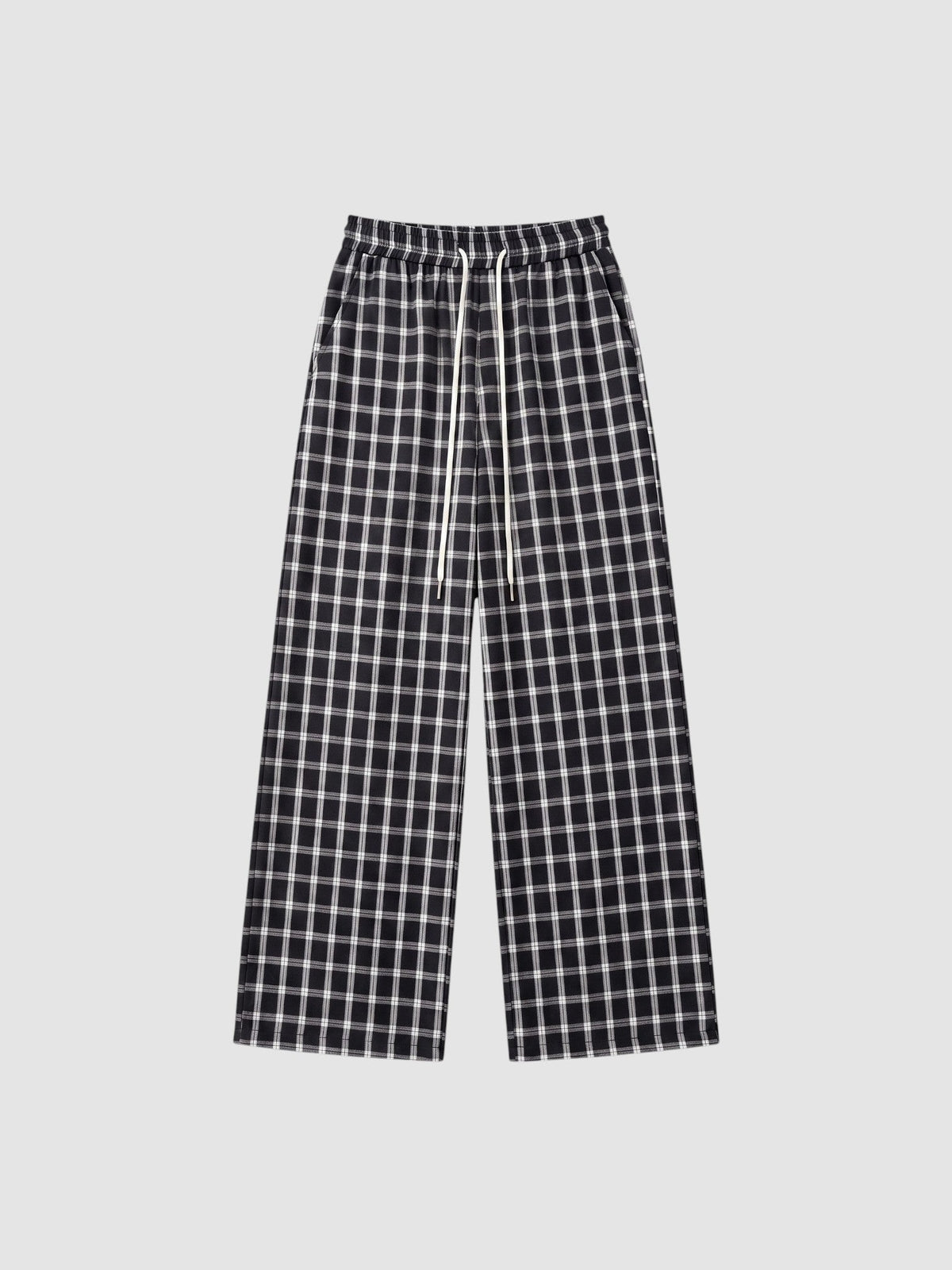 Y2K AVENUE wide-leg plaid trousers in navy and white with an elasticated drawstring waist and side pockets.