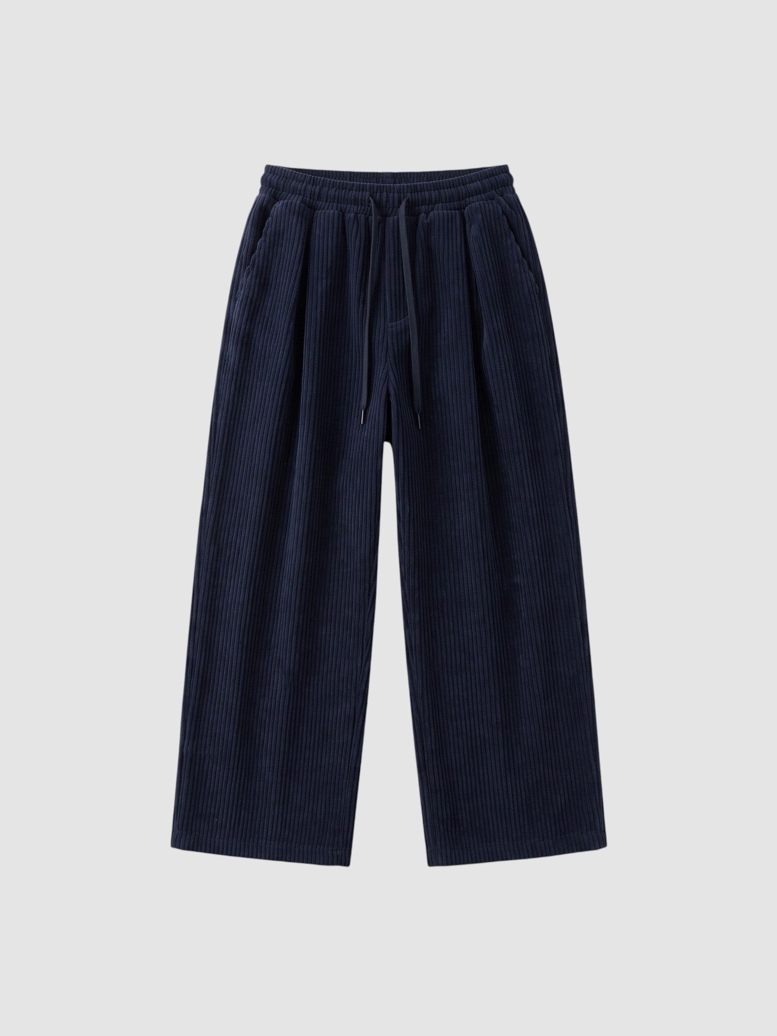 Y2K Avenue navy blue wide-leg corduroy trousers with an elasticated drawstring waist and deep side pockets.