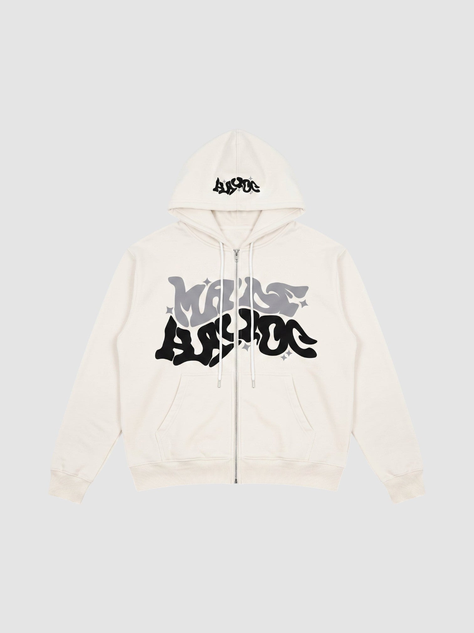 Y2K Avenue off-white zip-up hoodie featuring black and grey bubble graffiti lettering and star accents.