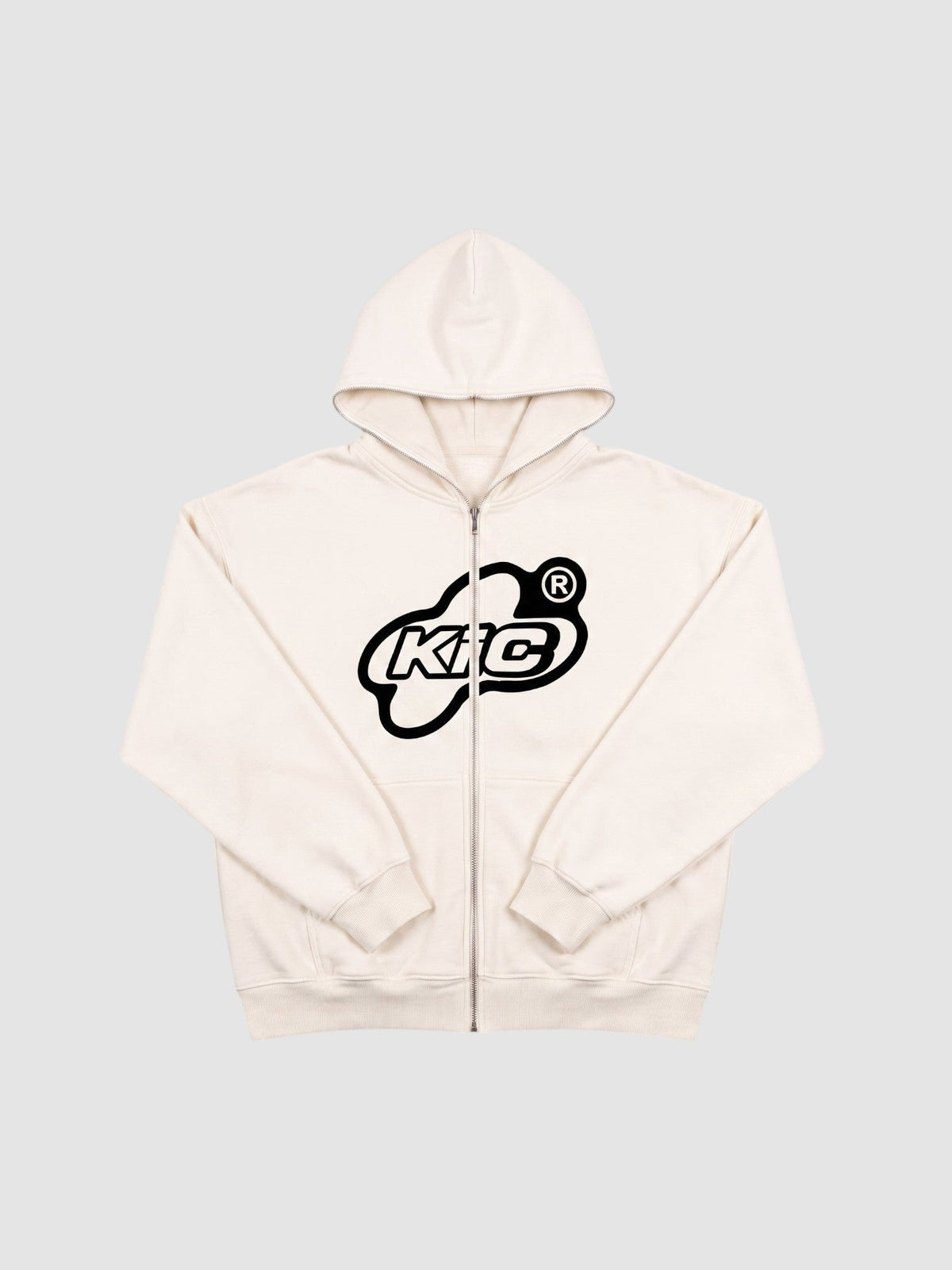 Y2K Avenue off-white oversized zip-up hoodie featuring a black bubble-style graphic logo on the chest.
