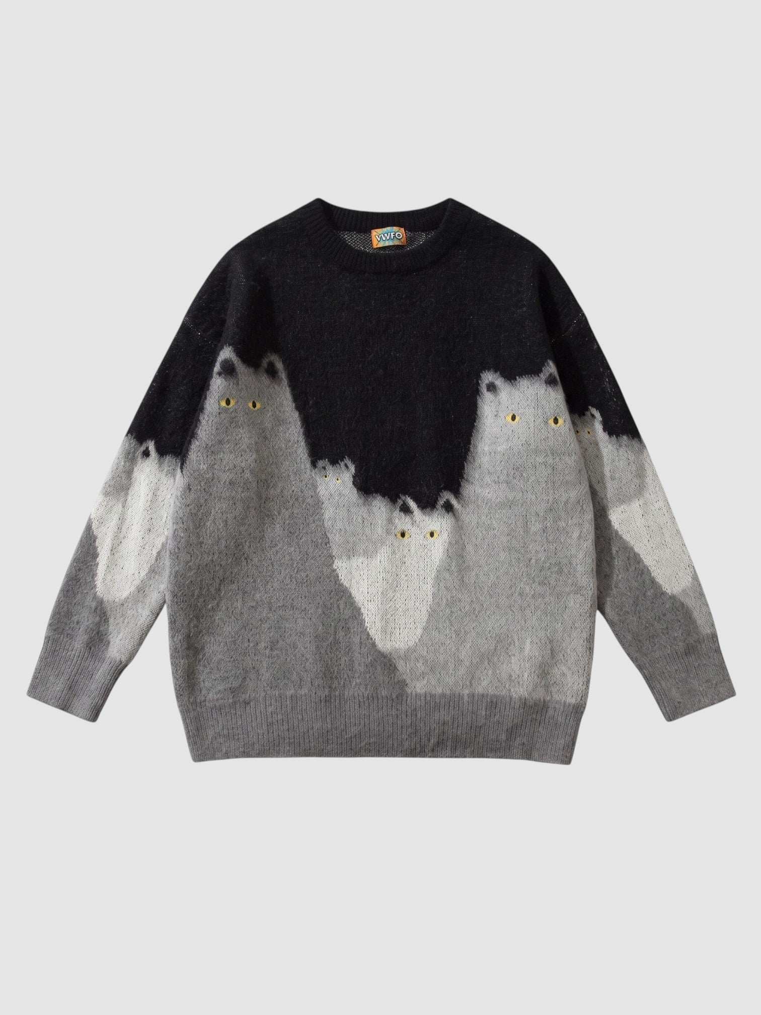 Y2K AVENUE oversize knit sweater featuring a black to grey gradient cat pattern with yellow eyes and a crew neck.