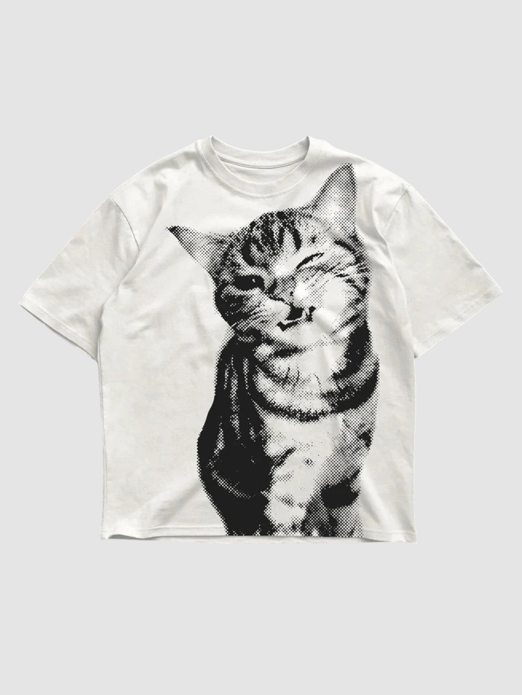 Y2K Avenue white oversized t-shirt featuring a black halftone cat portrait print with a ribbed crew neck