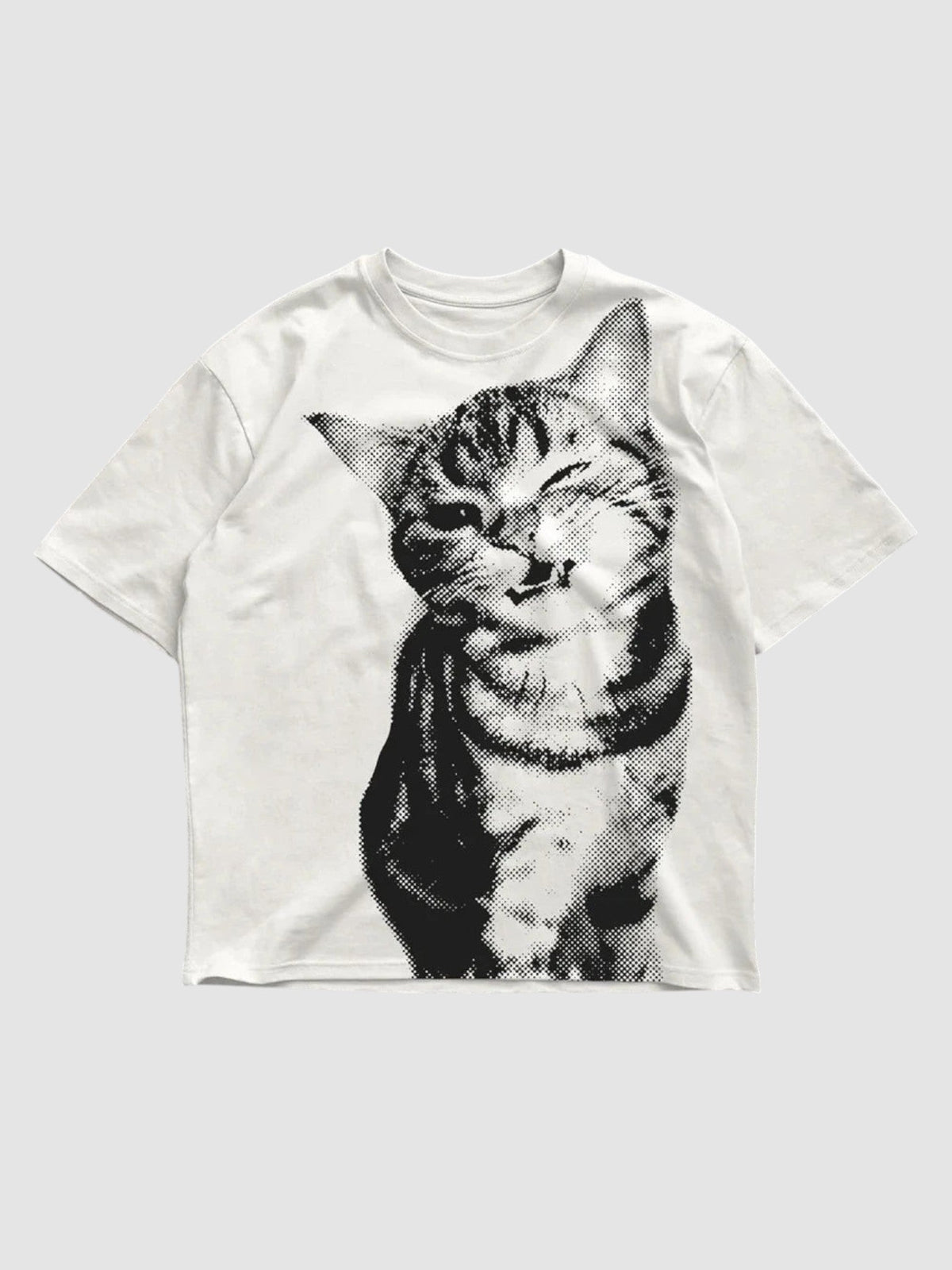Y2K Avenue white oversized t-shirt featuring a black halftone cat portrait print with a ribbed crew neck