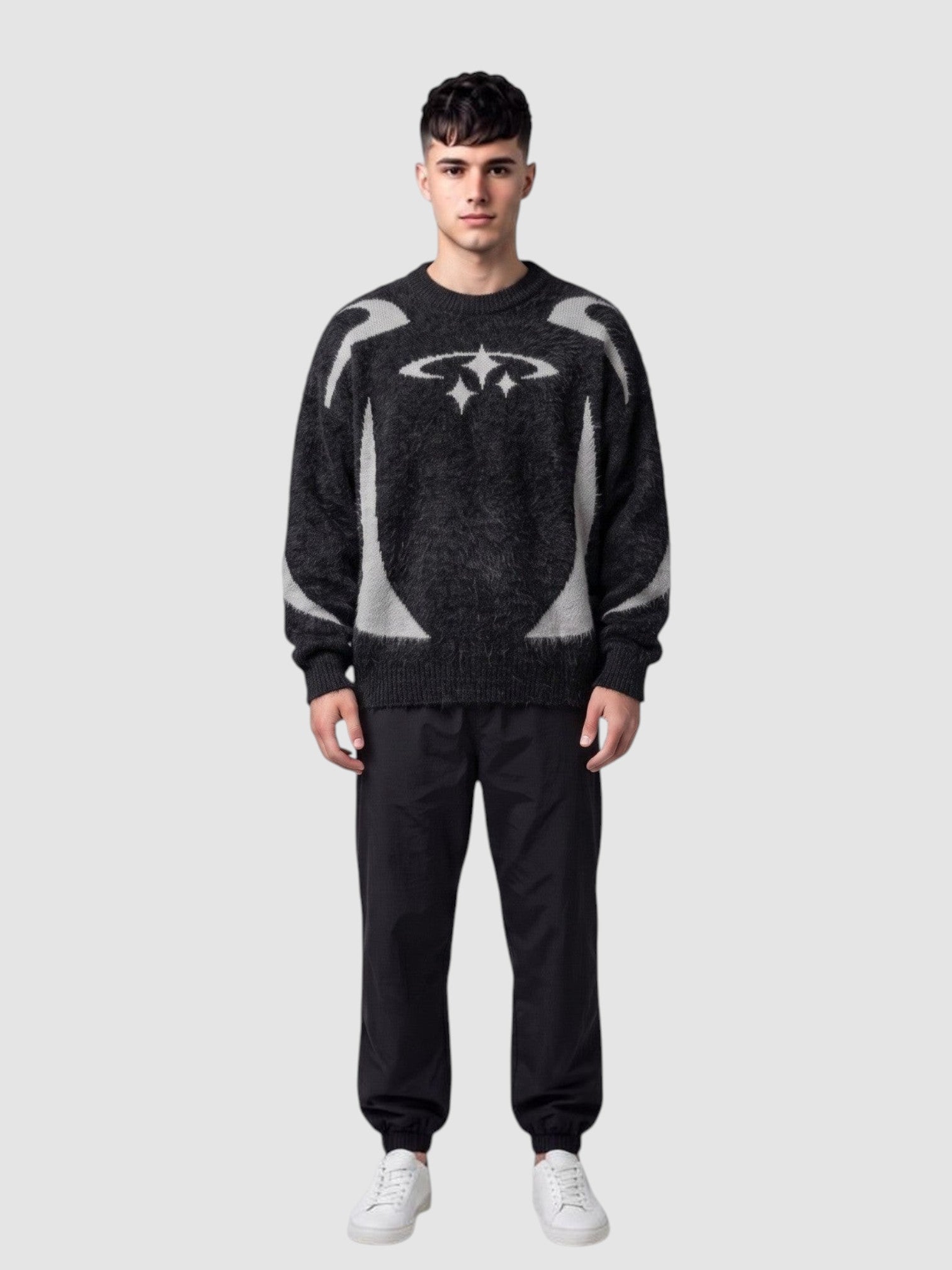 Y2K Avenue oversized anthracite knit sweater with light grey star embroidery and curved patterns on a male model