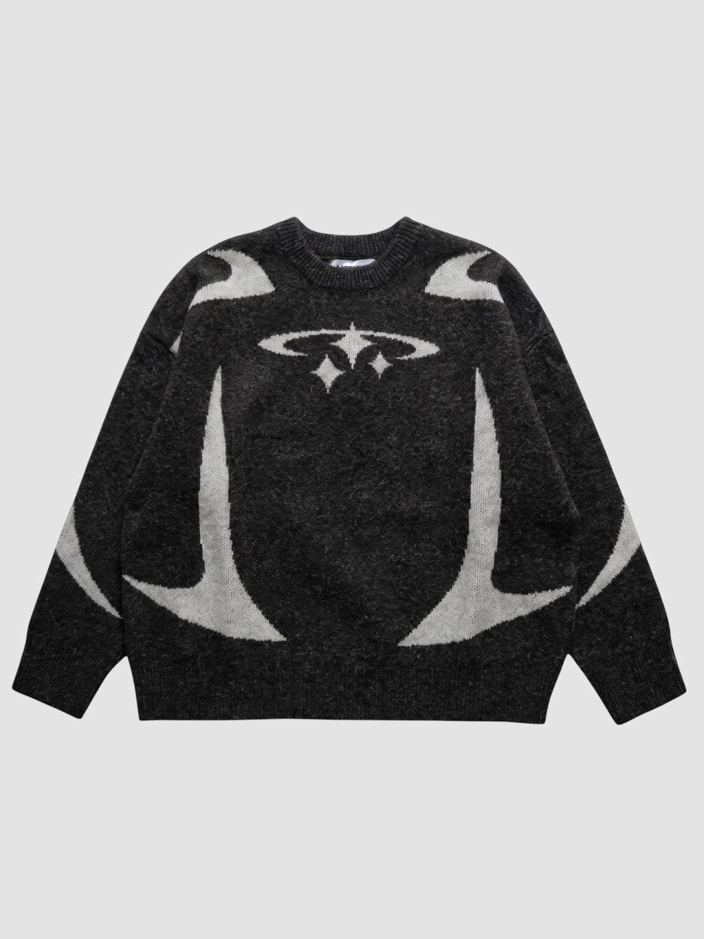 Y2K AVENUE oversized anthracite knit sweater with light grey star and curved arc patterns and ribbed crew neck