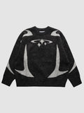 Y2K AVENUE oversized anthracite knit sweater with light grey star and curved arc patterns and ribbed crew neck
