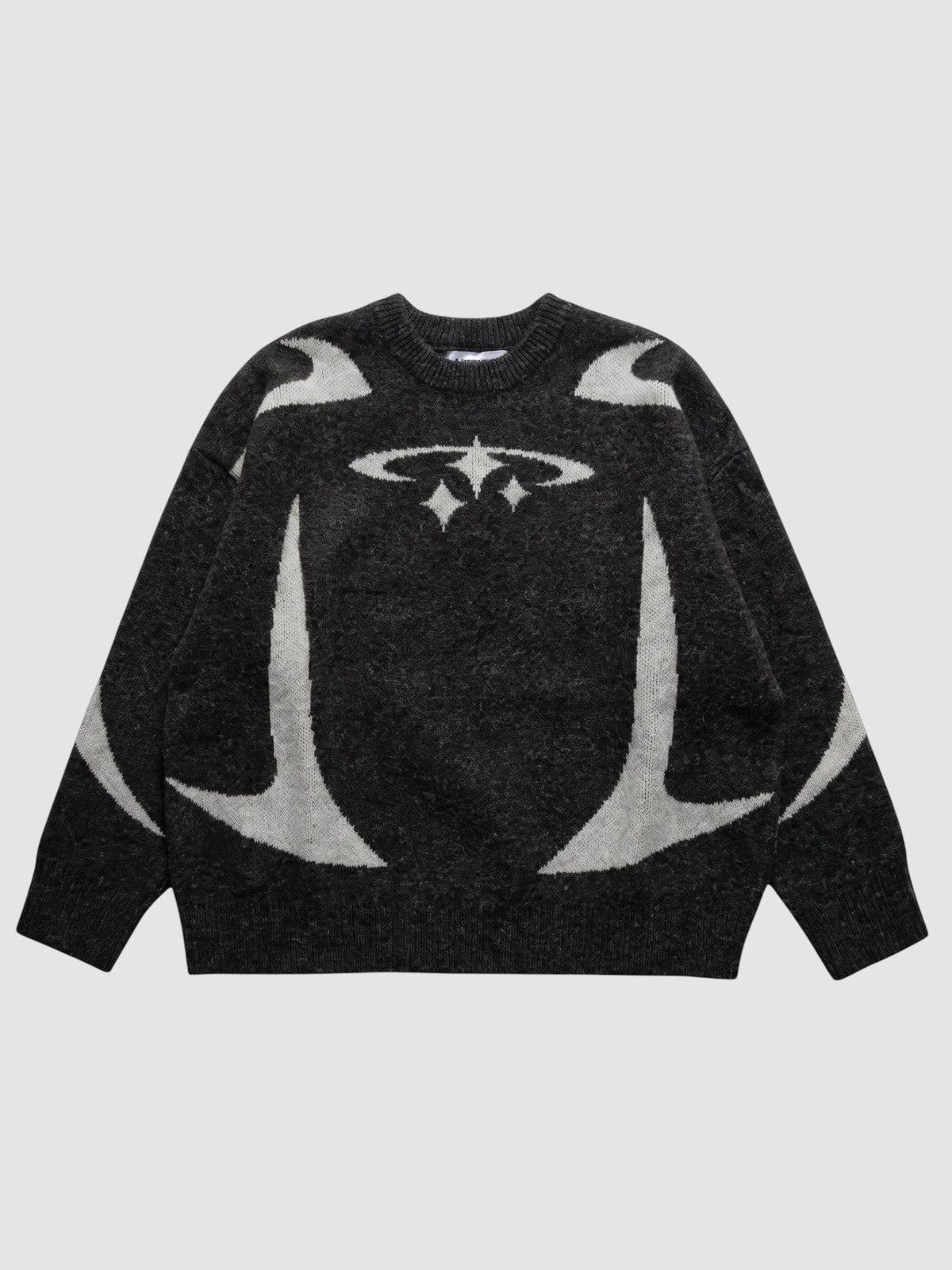 Y2K AVENUE oversized anthracite knit sweater with light grey star and curved arc patterns and ribbed crew neck
