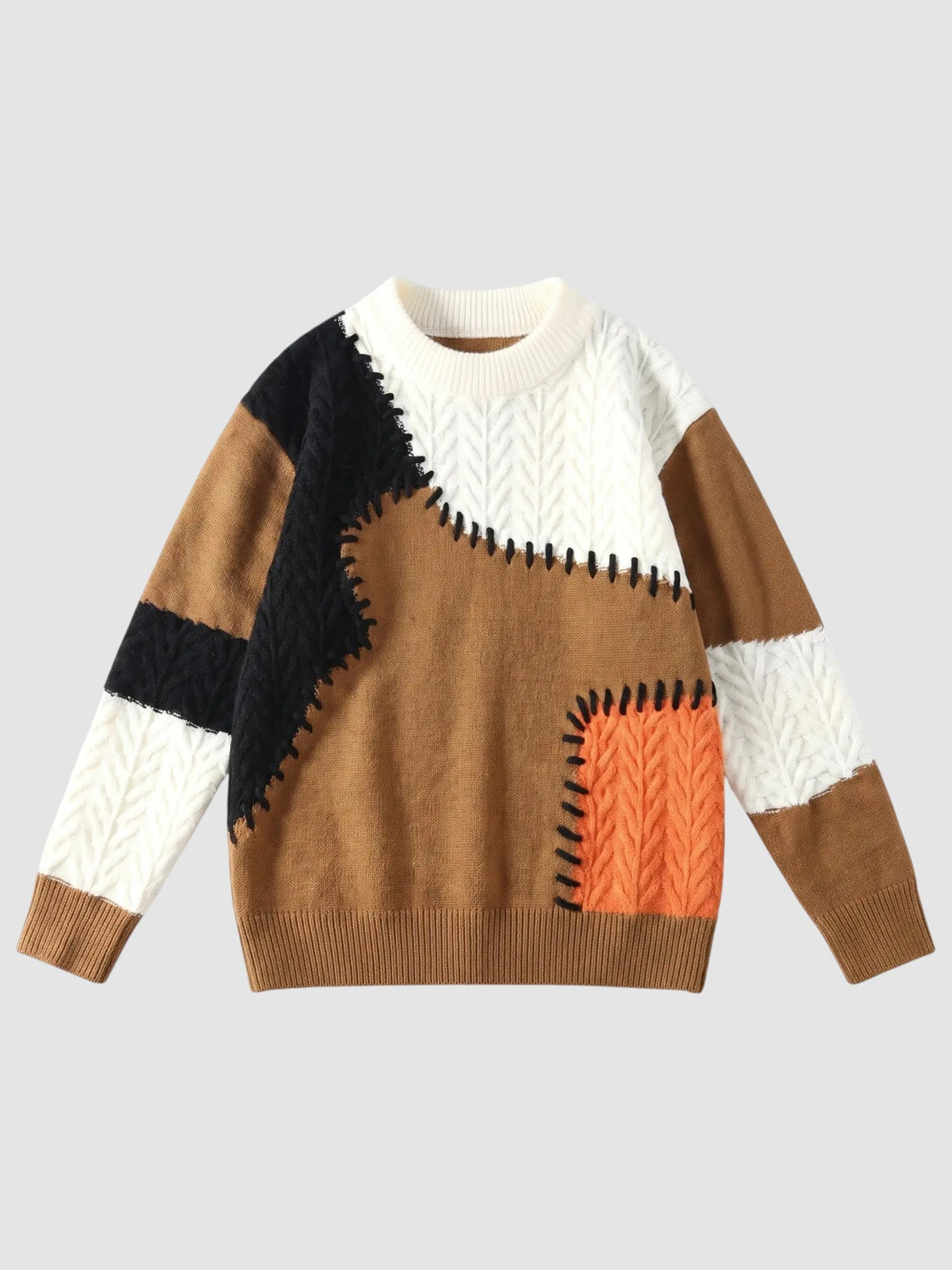 Y2K Avenue patchwork knit sweater featuring brown, black, white, and orange panels with decorative whipstitch detail.