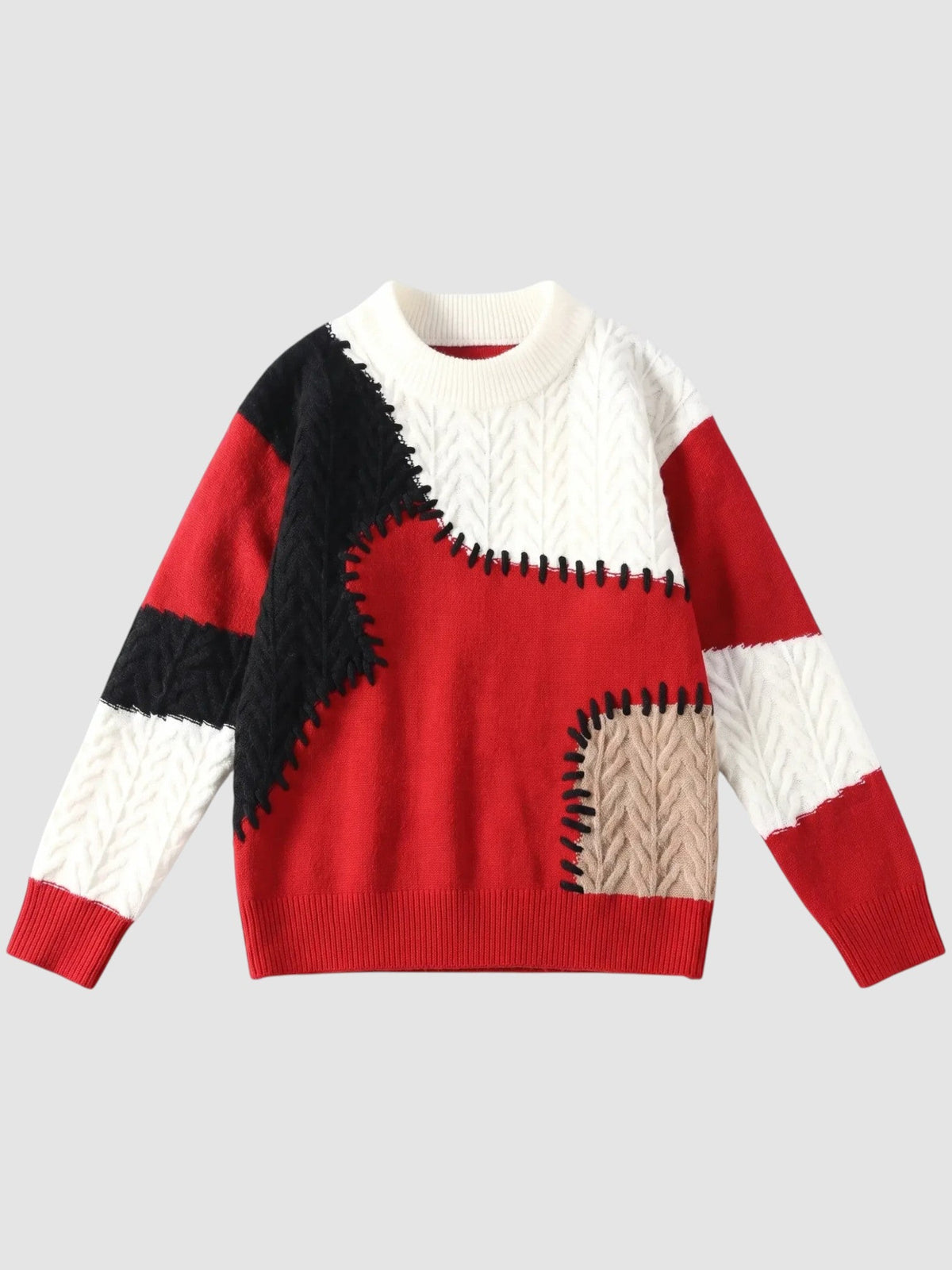 Y2K Avenue patchwork knit sweater featuring red, white, black, and beige panels with decorative whipstitch detailing.