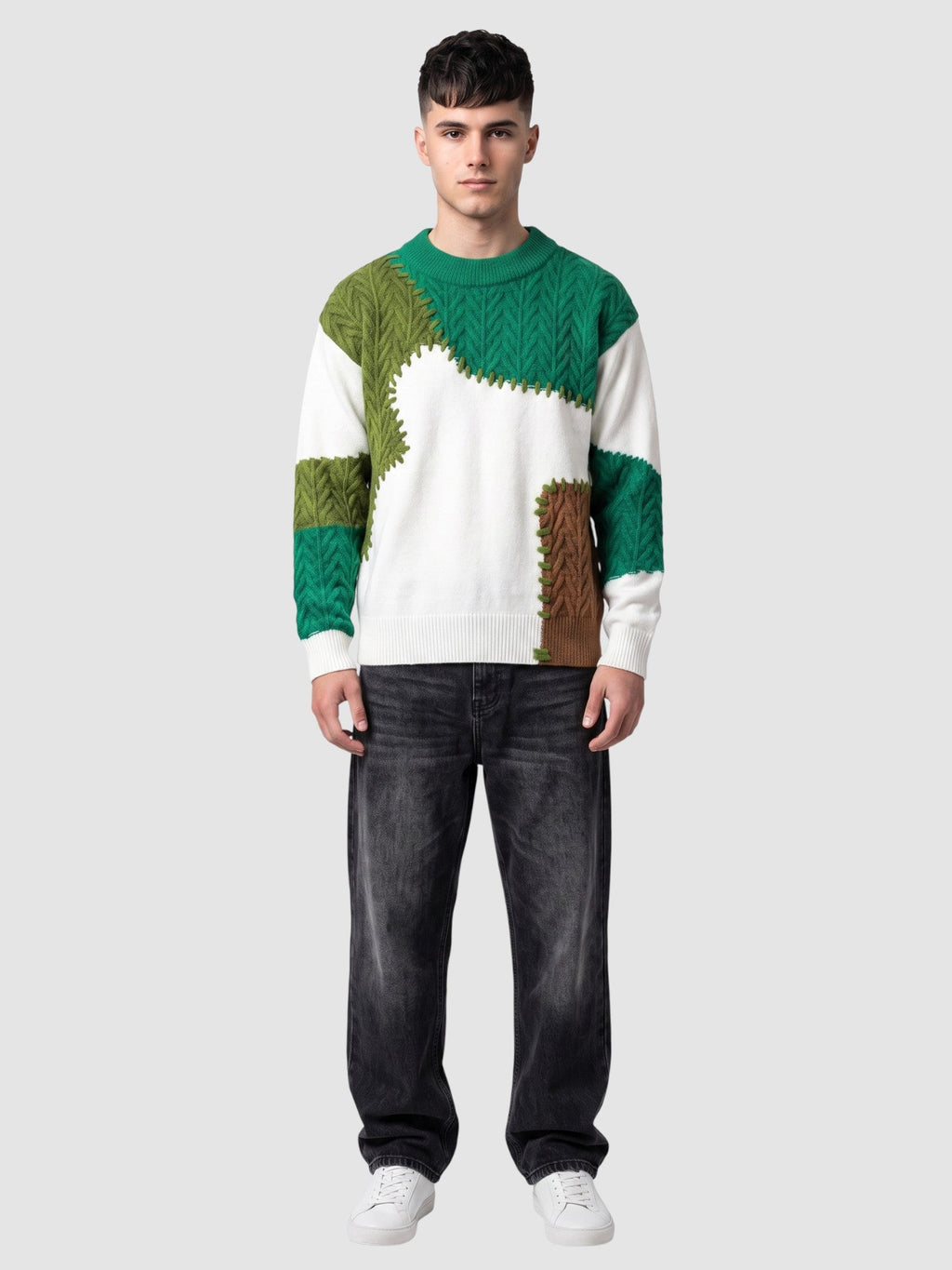 Y2K Avenue patchwork knit sweater featuring green, brown, and off-white textured panels with decorative stitching.