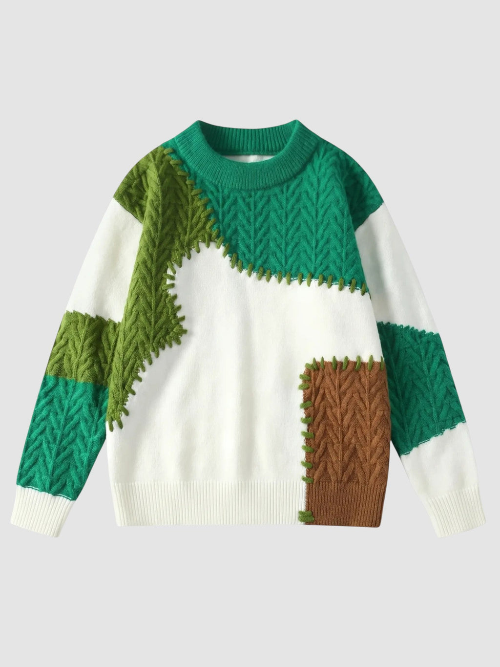Y2K Avenue patchwork knit sweater featuring emerald green, olive, and brown textured panels on an off-white base.