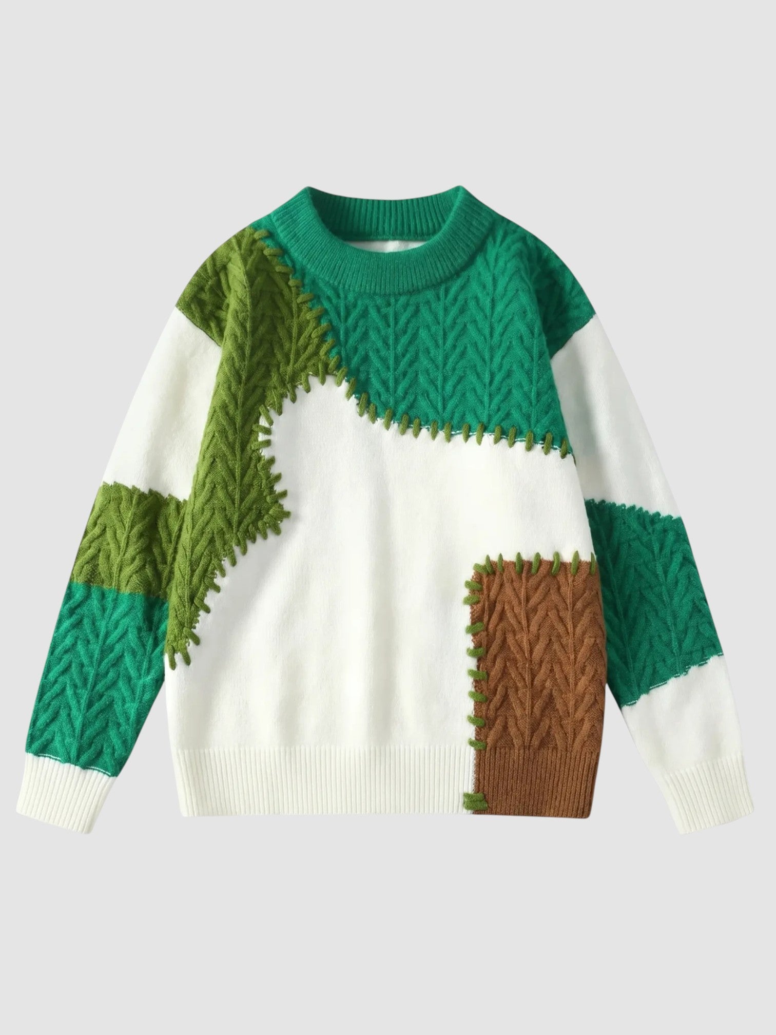 Y2K Avenue patchwork knit sweater featuring emerald green, olive, and brown textured panels on an off-white base.