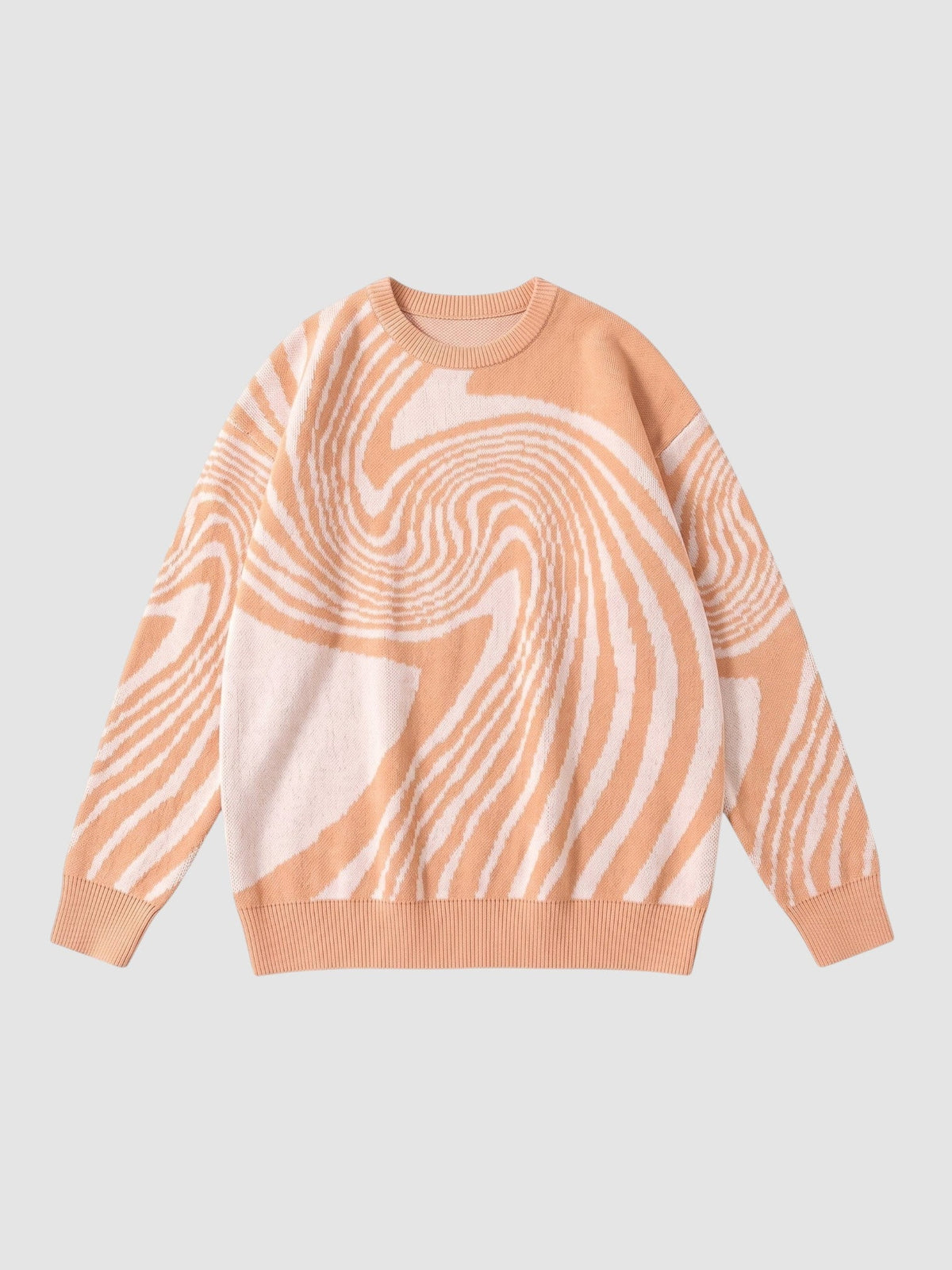 Y2K AVENUE peach and cream spiral pattern knit sweater with a round neck and long sleeves in a lightweight fabric.