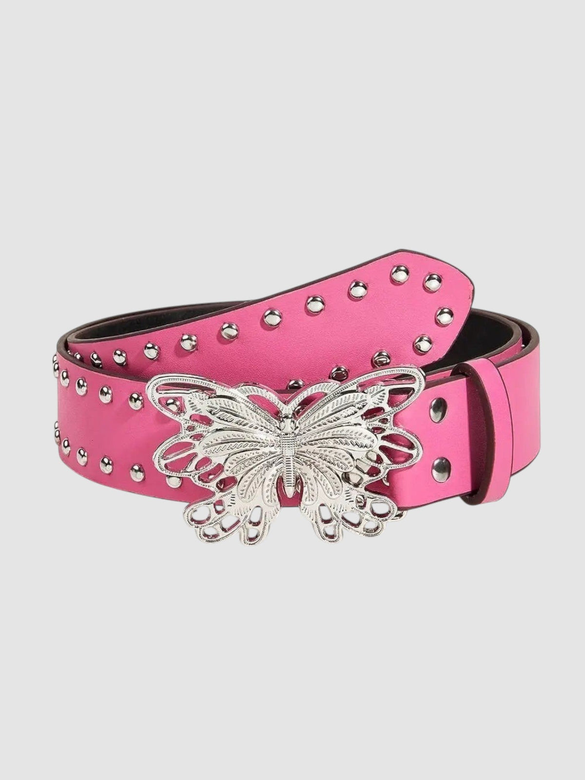 Y2K Avenue pink faux leather belt with silver butterfly buckle and metal rivets for a stylish textured look