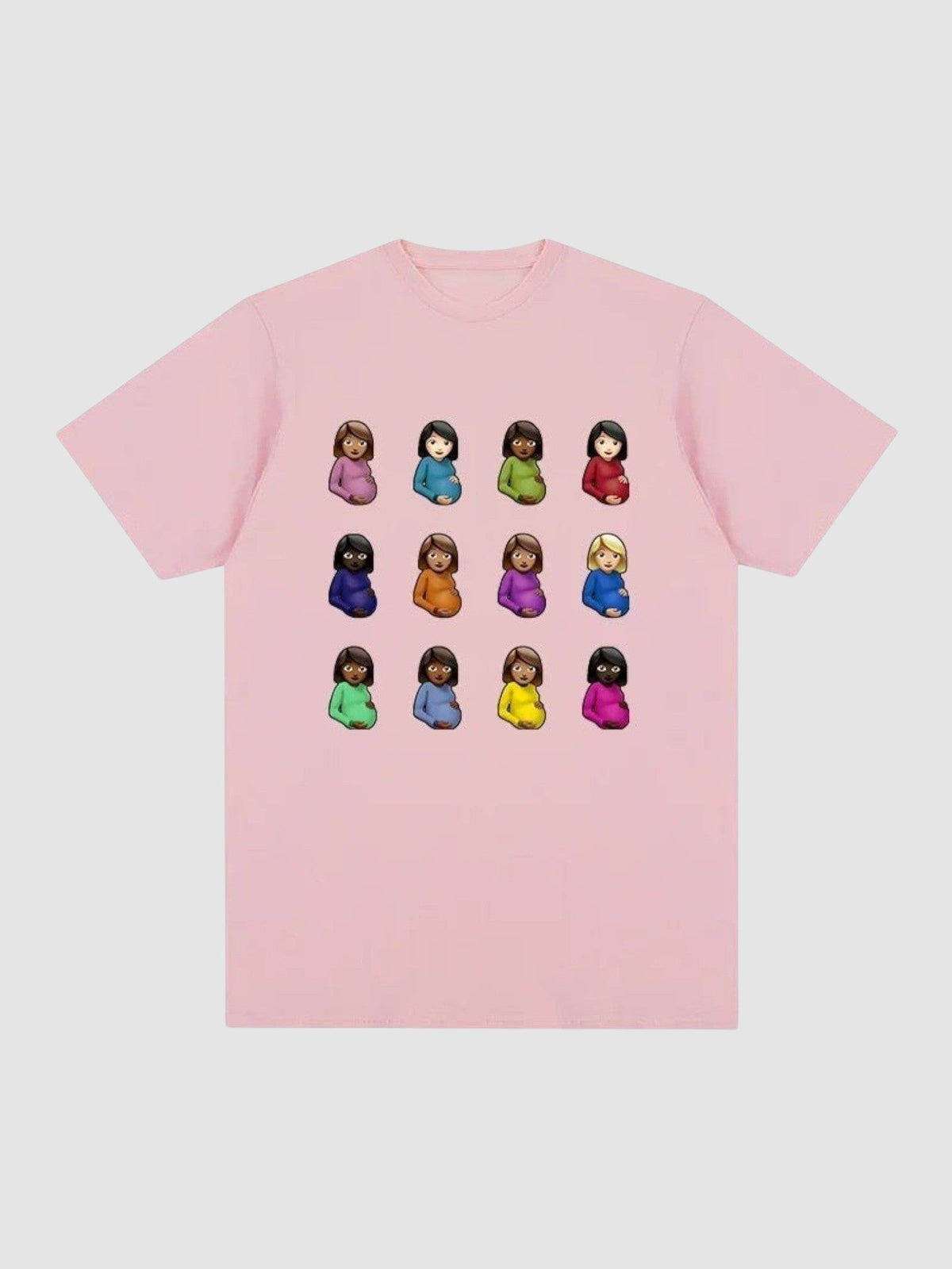 Y2K Avenue light pink short-sleeve t-shirt featuring a grid of twelve colorful pregnant woman emojis