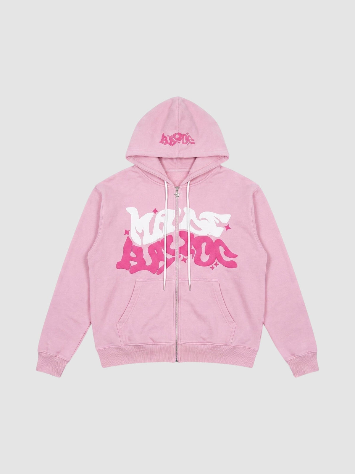 Y2K Avenue pink zip-up hoodie with white and dark pink bubble graffiti lettering and star accents on the front