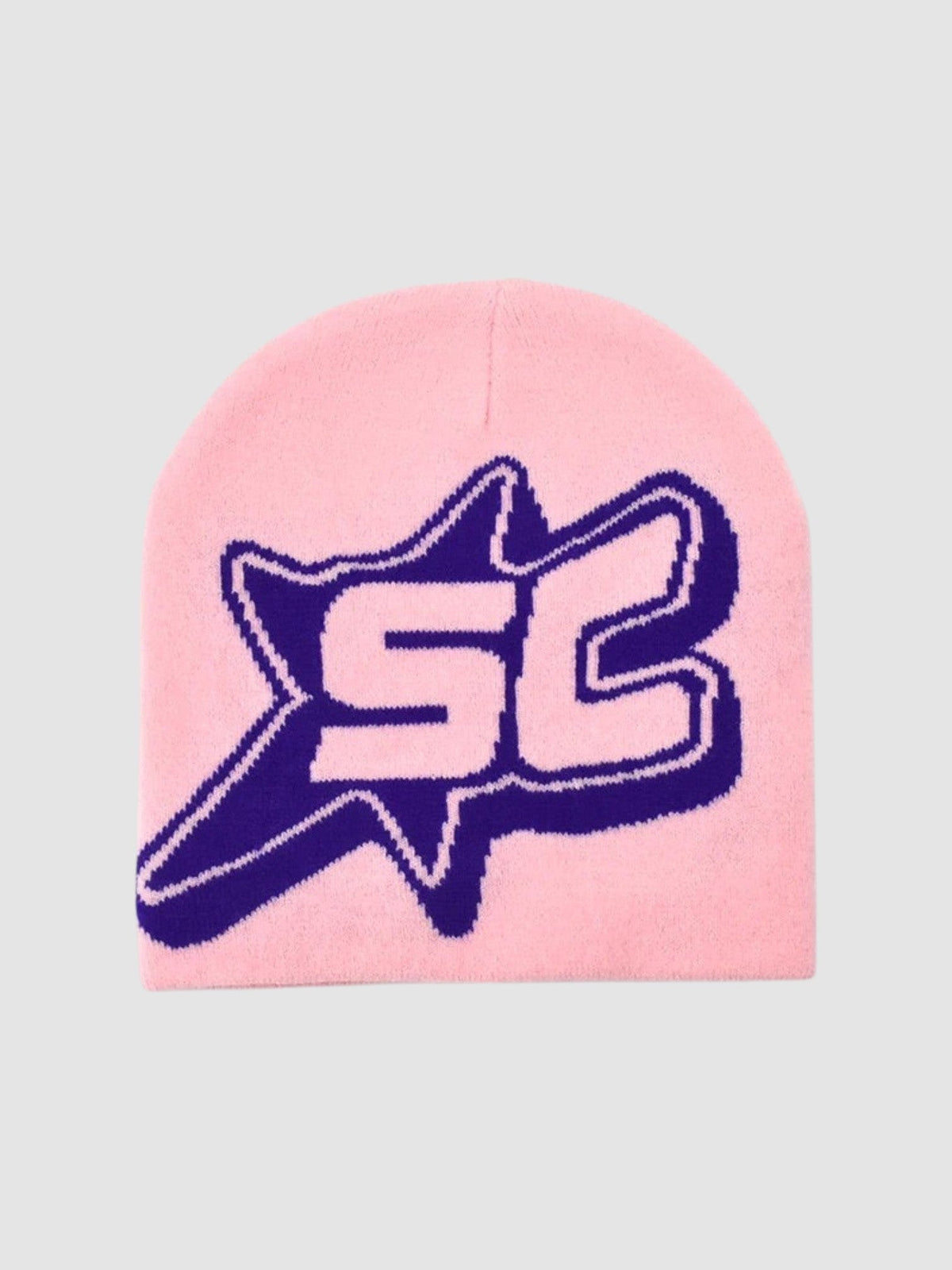 Y2K Avenue pink skullie beanie with a purple SC monogram inside a shooting star design, knit streetwear style.