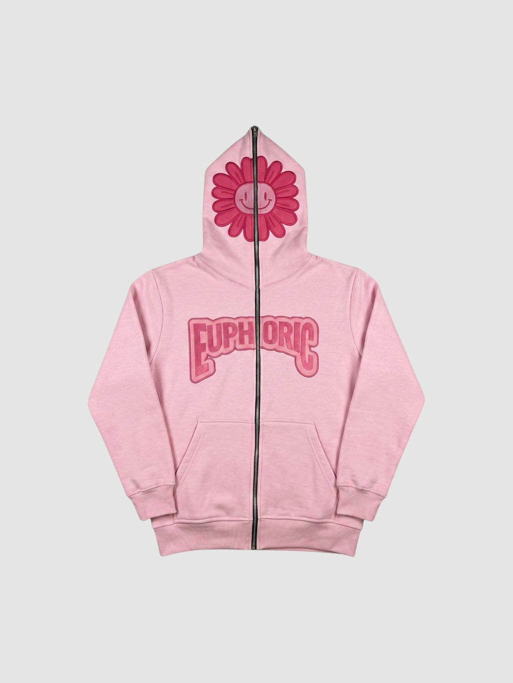 Y2K Avenue pale pink zip-up hoodie featuring a dark pink smiley flower on the hood and bubble lettering on the chest.