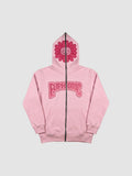 Y2K Avenue pale pink zip-up hoodie featuring a dark pink smiley flower on the hood and bubble lettering on the chest.