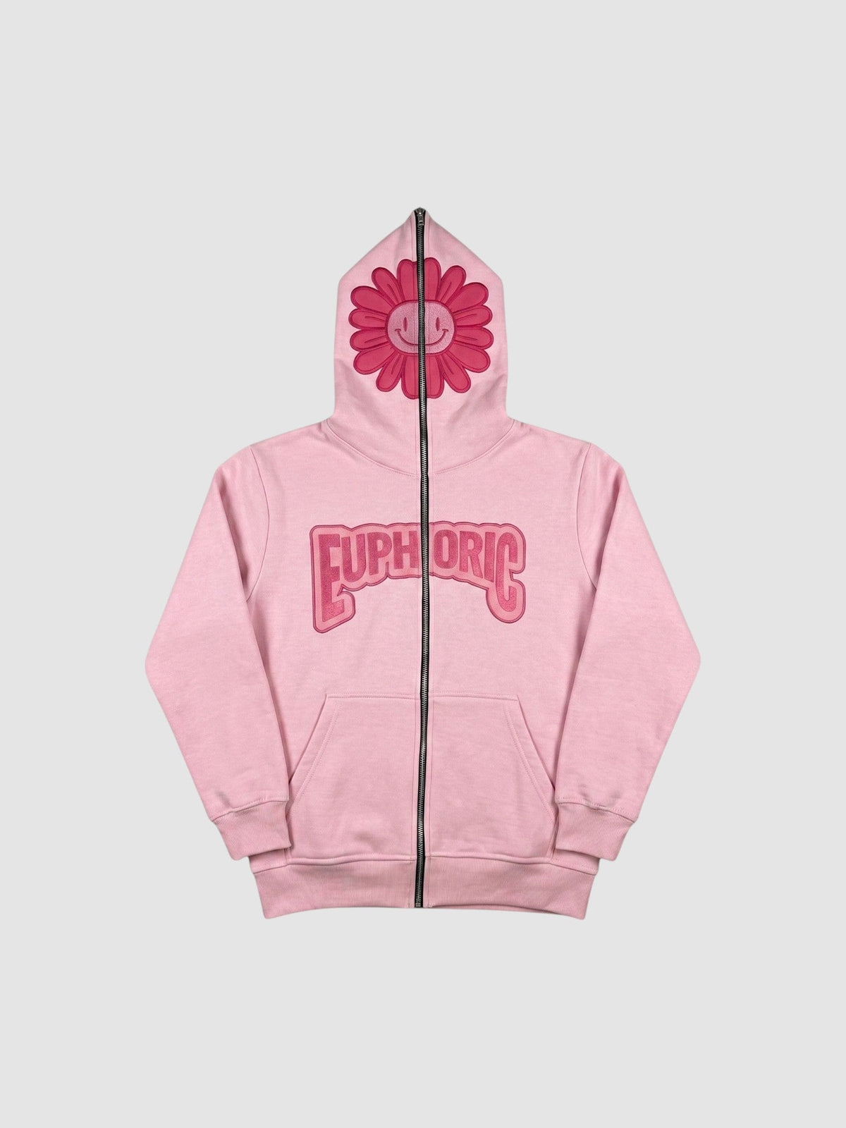 Y2K Avenue pale pink zip-up hoodie featuring a dark pink smiley flower on the hood and bubble lettering on the chest.
