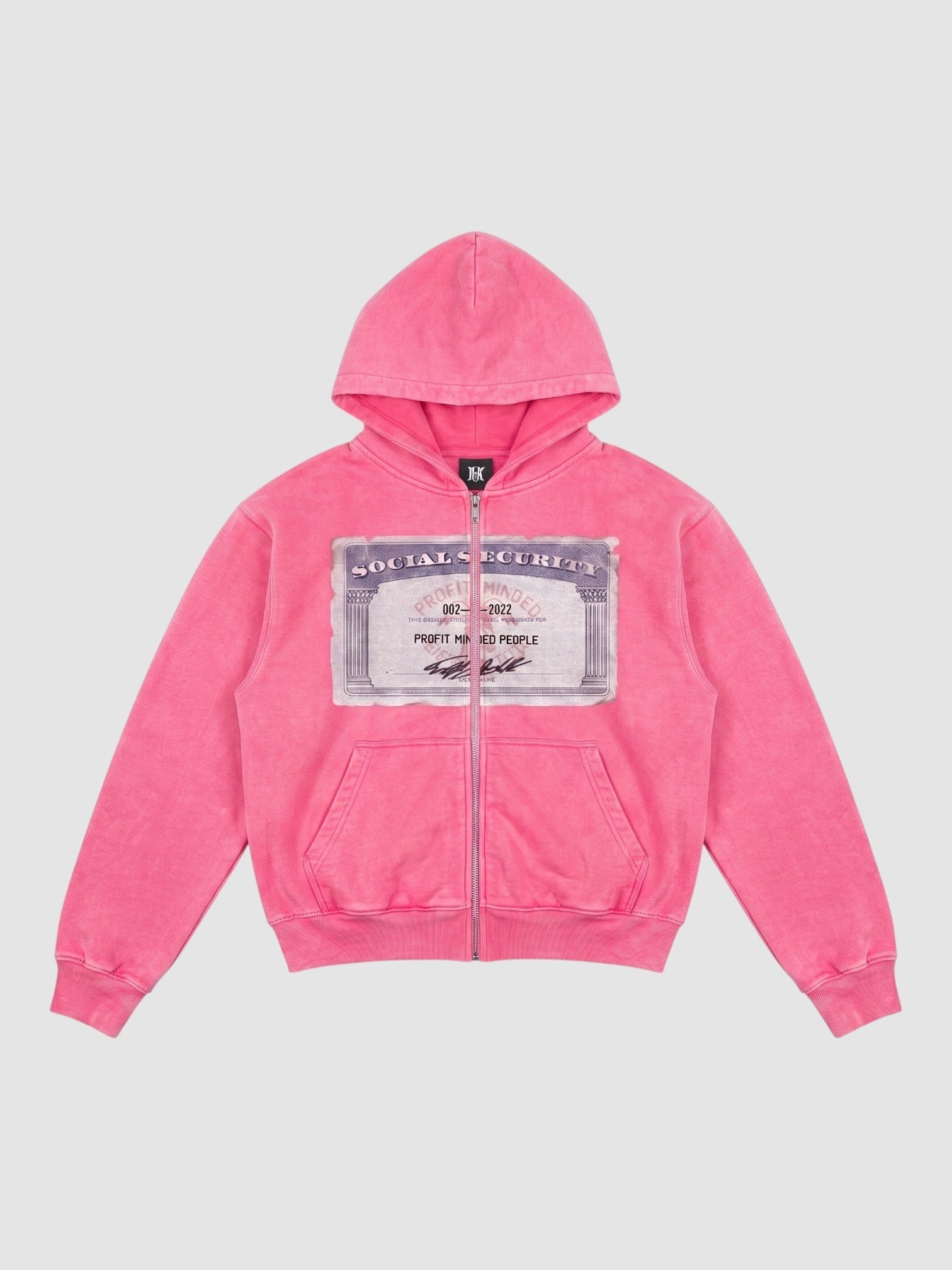 Y2K Avenue bright pink zip-up hoodie featuring a Social Security card graphic print on the chest and metal zipper.