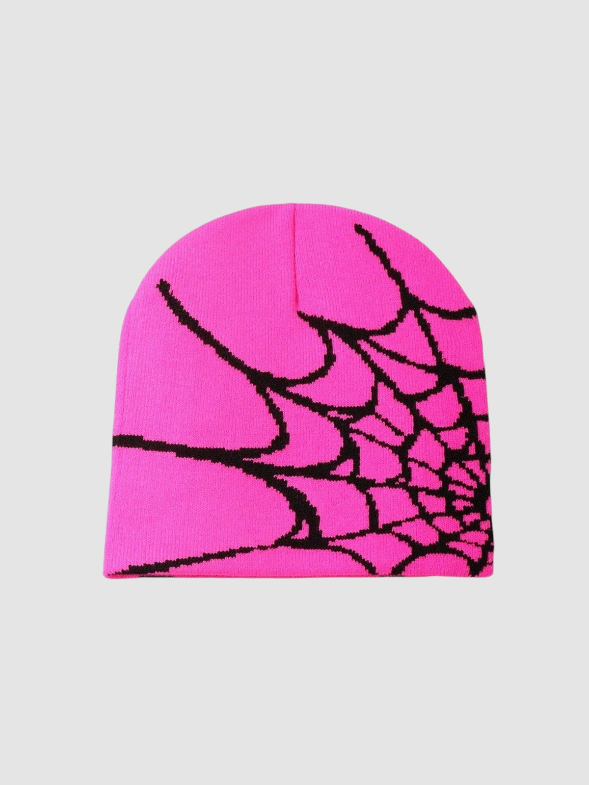 Y2K Avenue beanie in bright pink with a black spider web graphic pattern knitted in a lightweight polyester fabric.