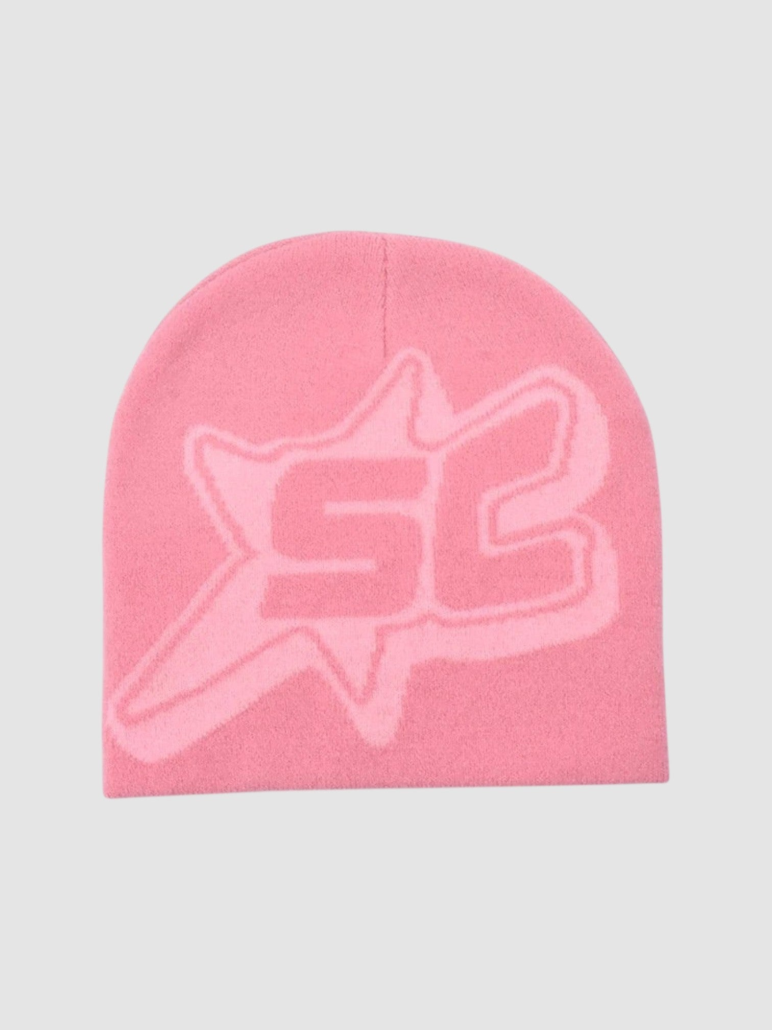 Y2K Avenue pink skullie beanie featuring a prominent SC monogram inside a star design in a lighter shade of pink.
