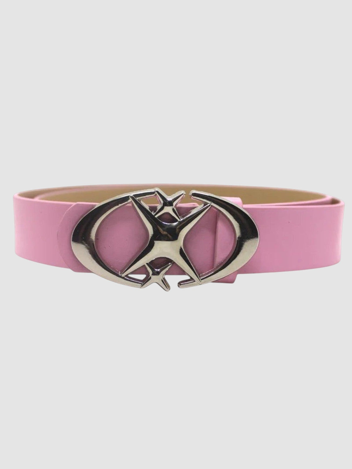 Y2K Avenue pink faux leather belt featuring a shiny silver star-shaped buckle with curved crescent blades