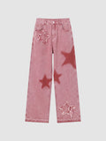 Y2K Avenue wide leg pink jeans with distressed star patches and faded red star prints in a cotton blend fabric.