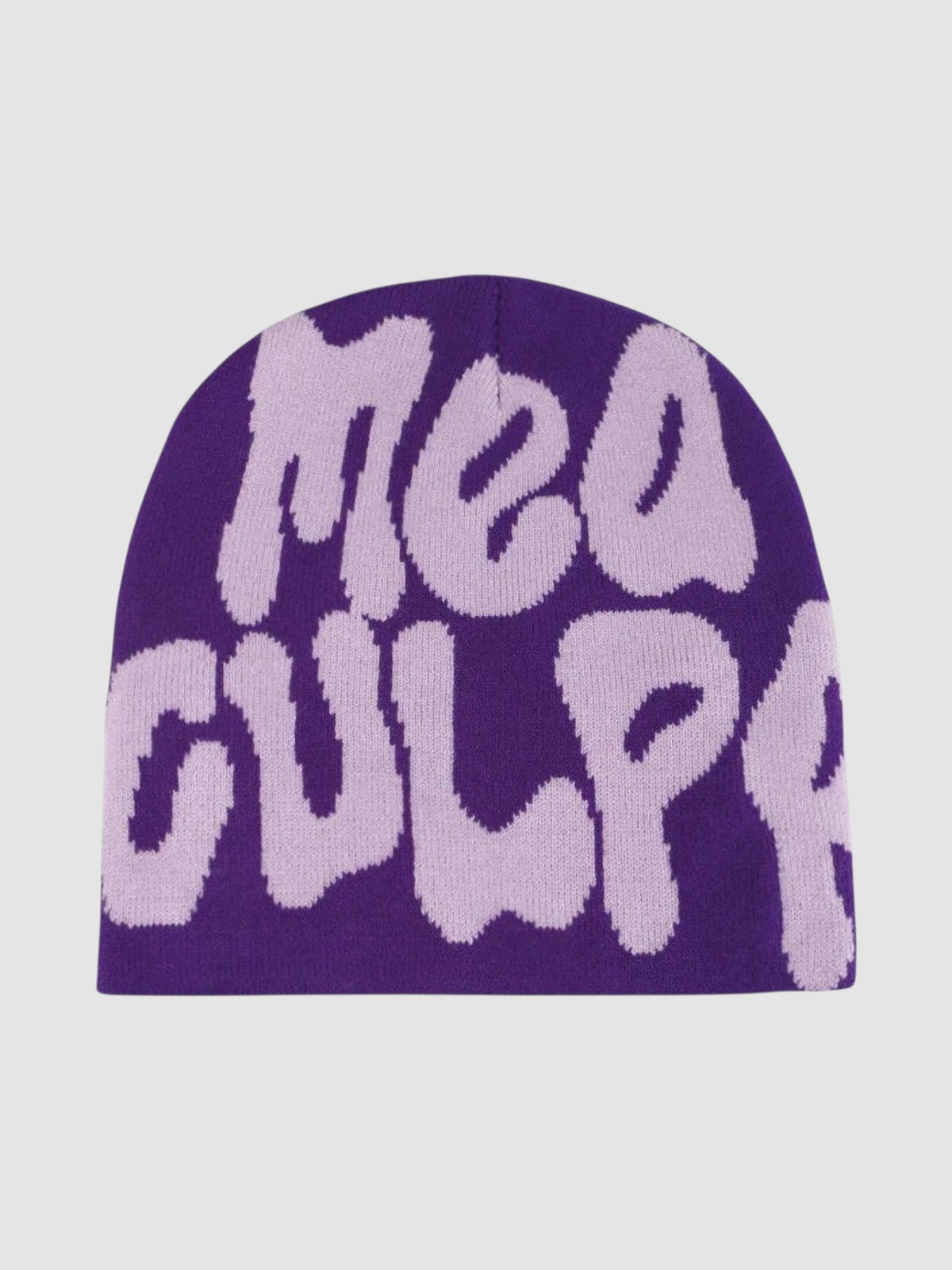 Y2K Avenue Mea Culpa beanie in purple with light purple bubble graffiti lettering in a classic skullie fit.