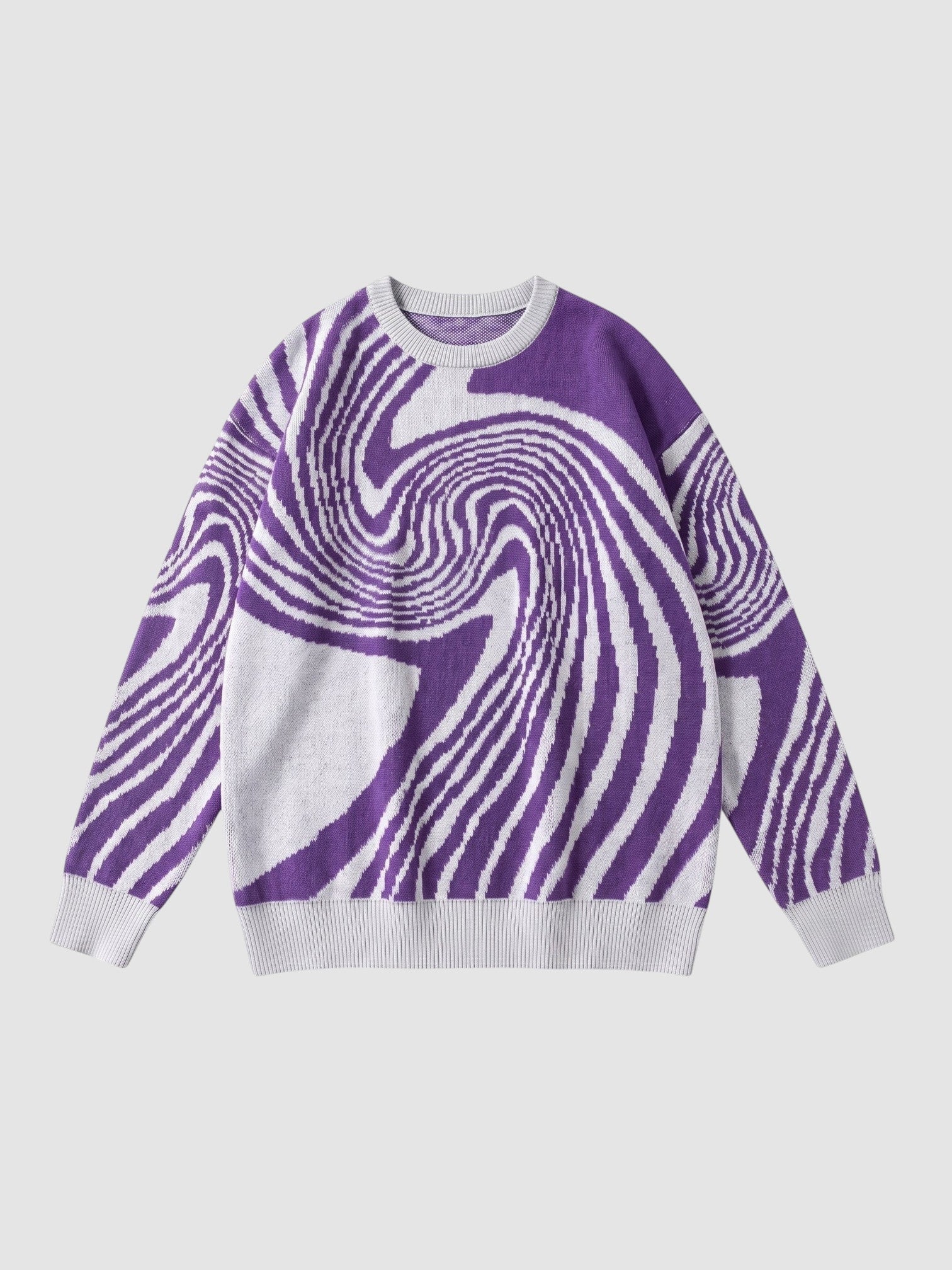 Y2K AVENUE crew neck sweater featuring a purple and white spiral swirl pattern in a lightweight knit fabric