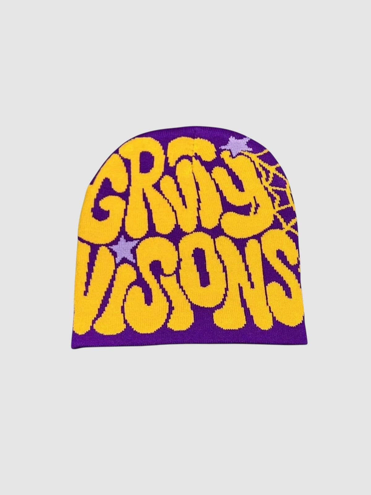Y2K Avenue vintage beanie featuring yellow groovy visions graffiti lettering on a purple knit background with stars