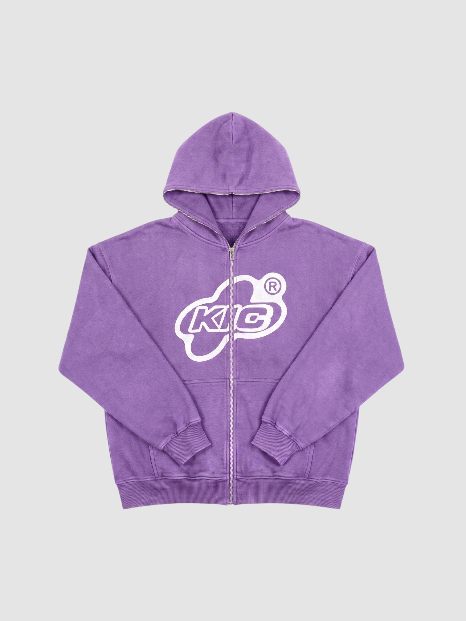 Y2K Avenue purple zip-up hoodie with white bubble logo graphic and oversized fit on a white background