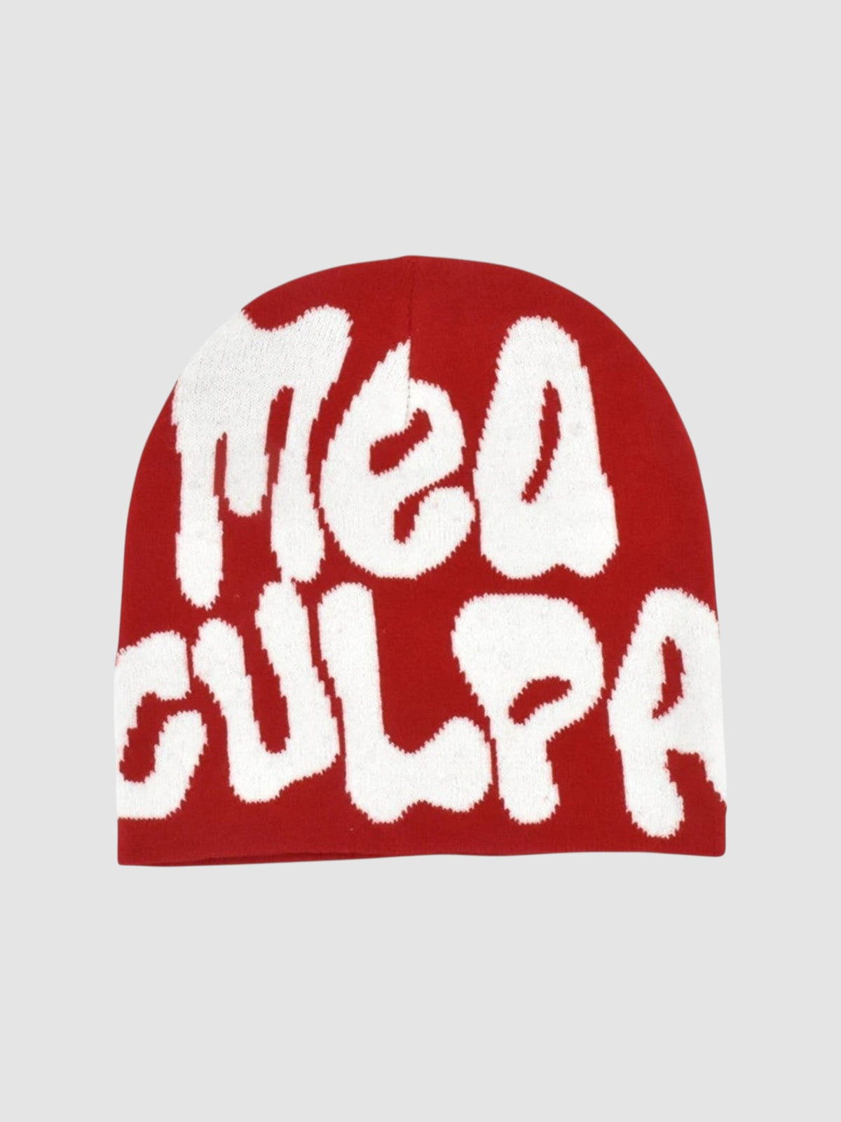 Y2K Avenue red skullie beanie with white graffiti-style Mea Culpa bubble lettering in fine knit polyester