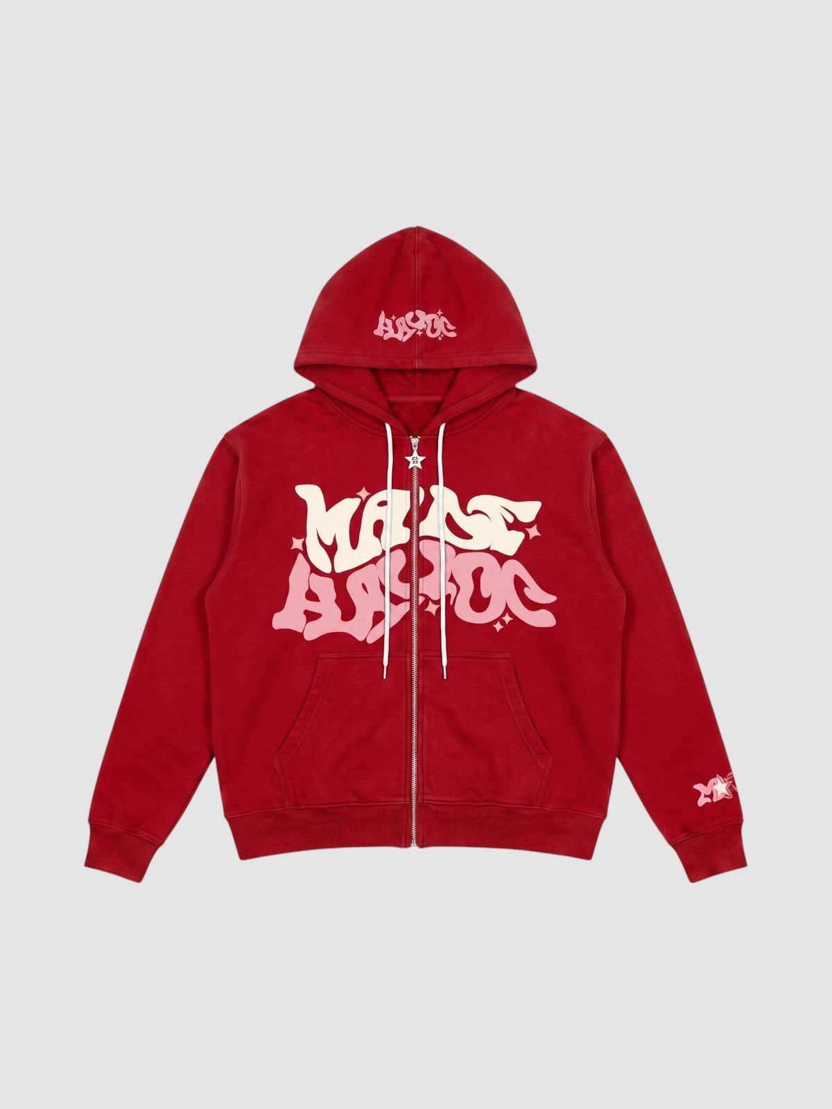 Y2K Avenue red zip-up hoodie featuring oversized pink and cream graffiti lettering and star accents on the front.