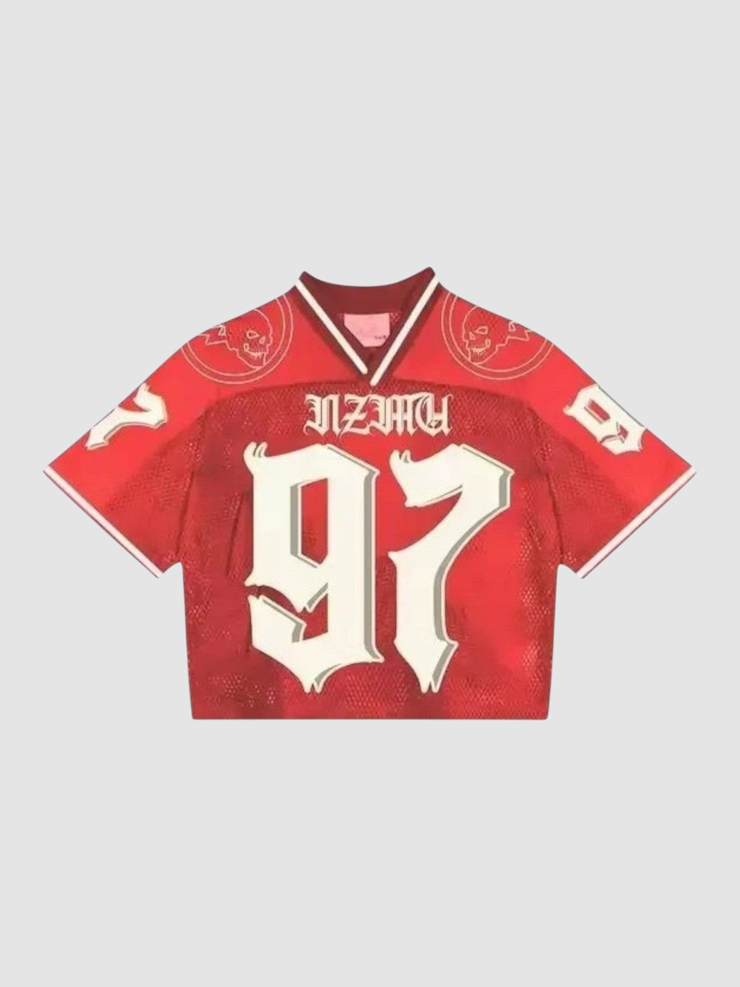 Y2K Avenue cropped red mesh football jersey with white 97 graphic, V-neck, and skull details on shoulders.