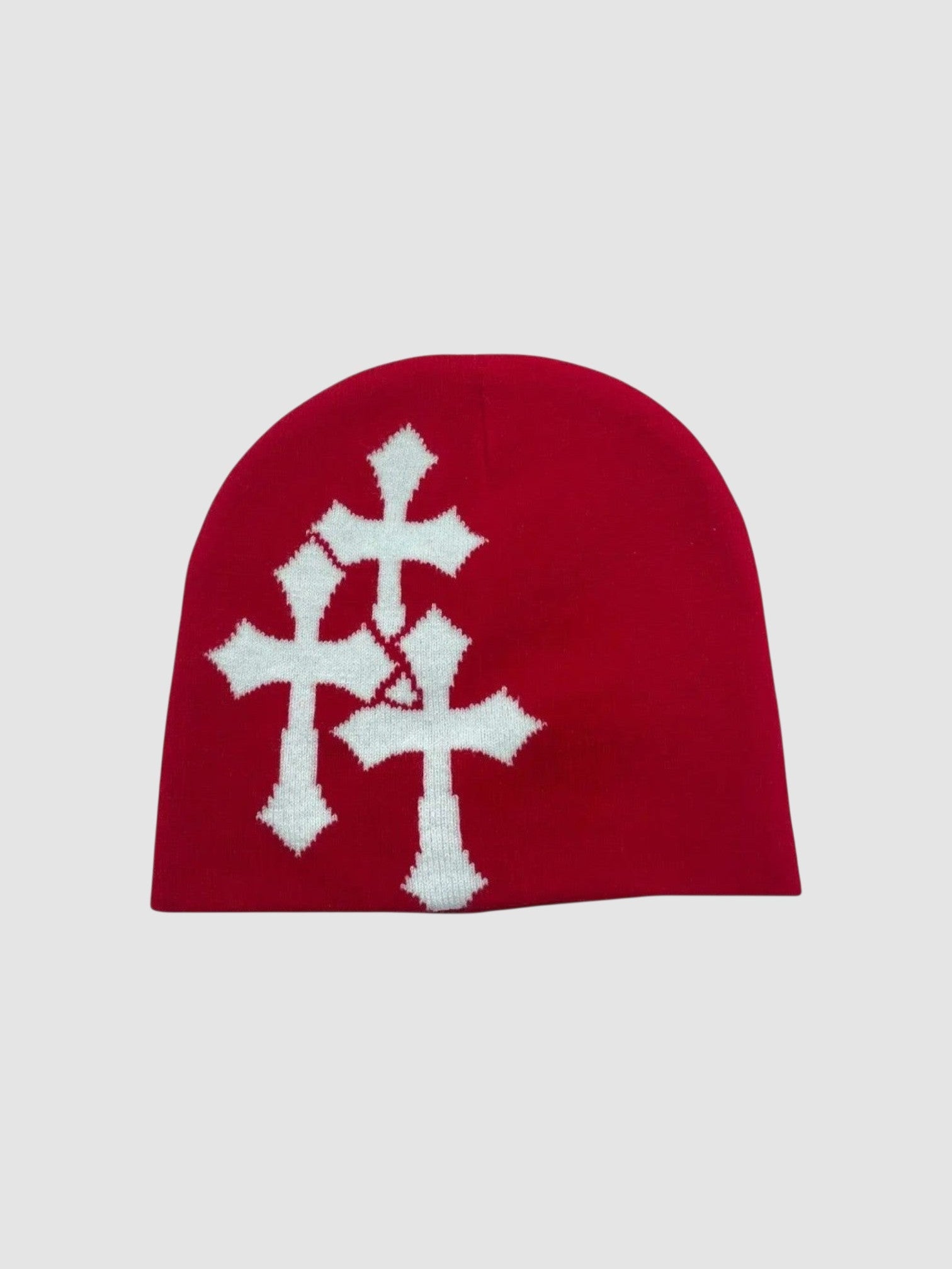 Y2K Avenue red beanie with a white jacquard knit triple cross pattern in a classic streetwear style