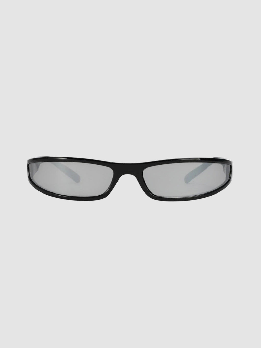 Y2K Avenue retro sunglasses with a black one-piece frame and silver mirrored lenses in a sleek Y2K aesthetic.
