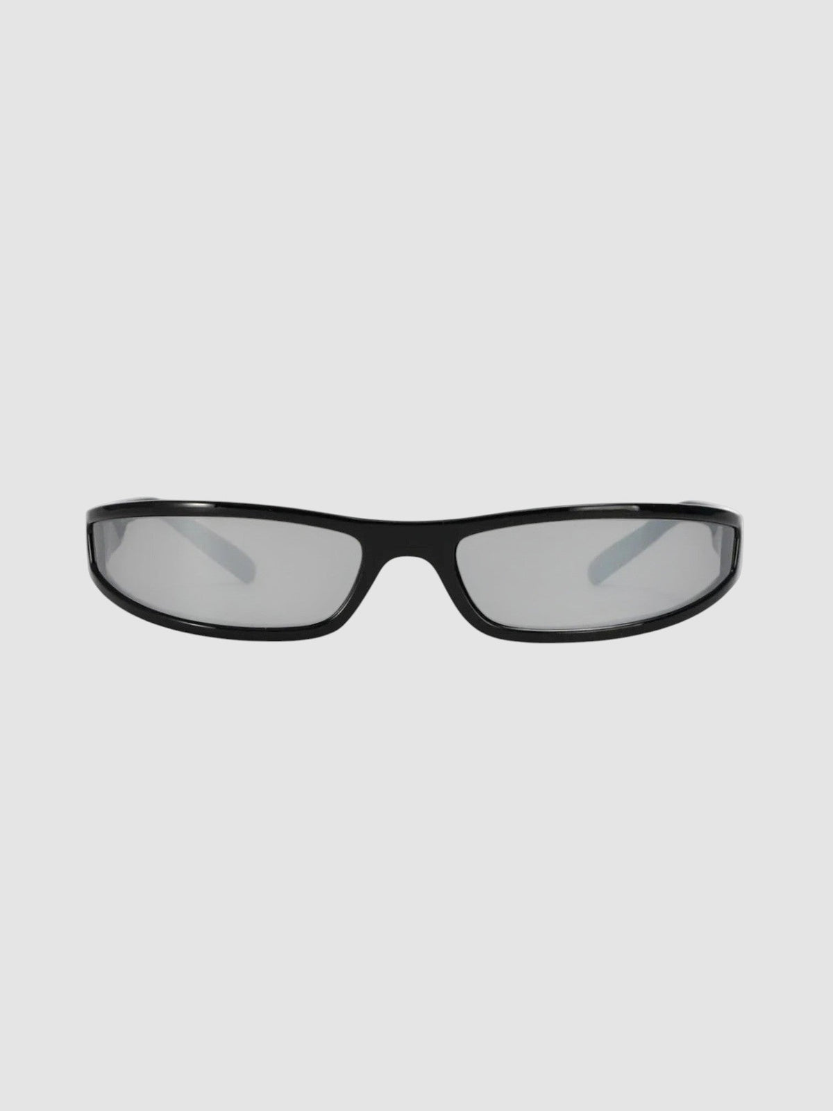 Y2K Avenue retro sunglasses with a black one-piece frame and silver mirrored lenses in a sleek Y2K aesthetic.