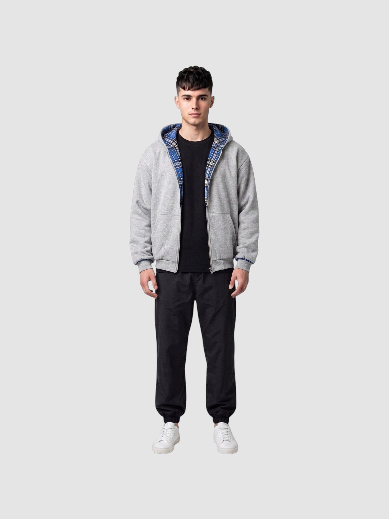 Y2K AVENUE reversible grey cotton zip-up hoodie with blue and black tartan lining worn by a male model