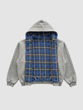 Y2K AVENUE reversible zip-up hoodie featuring a grey cotton fleece exterior and a blue tartan plaid interior lining.