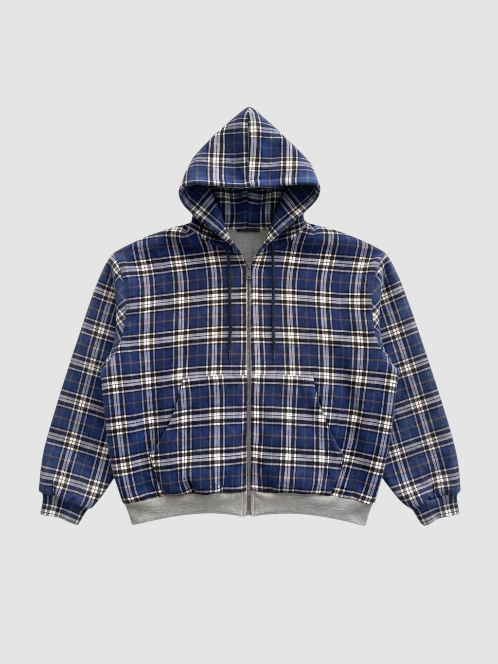 Y2K AVENUE reversible zip-up hoodie featuring a blue, white, and black tartan plaid pattern with ribbed cuffs.