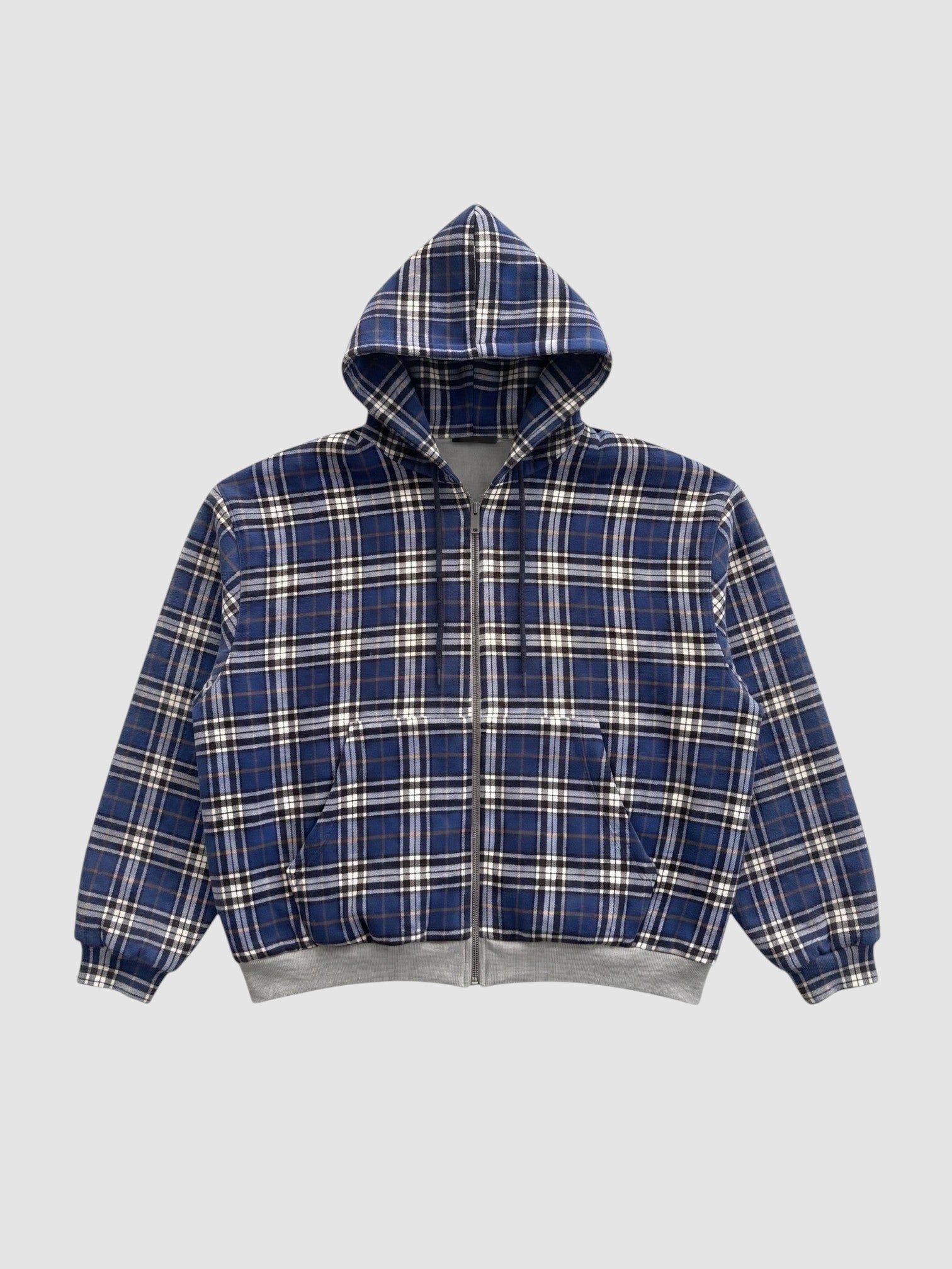 Y2K AVENUE reversible zip-up hoodie featuring a blue, white, and black tartan plaid pattern with ribbed cuffs.